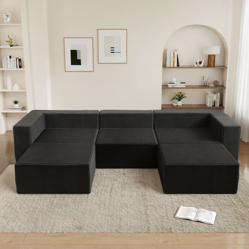 Modulo in velluto a coste con due divani a compressione pouf