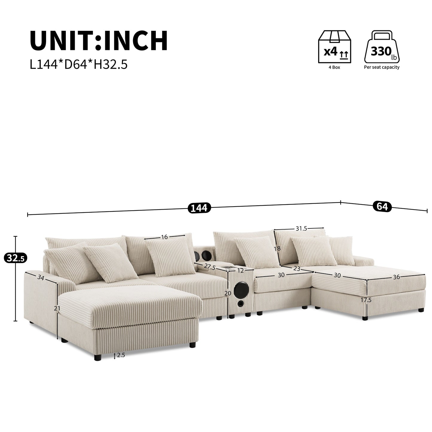 Divano componibile in velluto a coste con altoparlanti Bluetooth, caricabatterie USB, portabicchieri, contenitore, pouf, seduta profonda e ampia