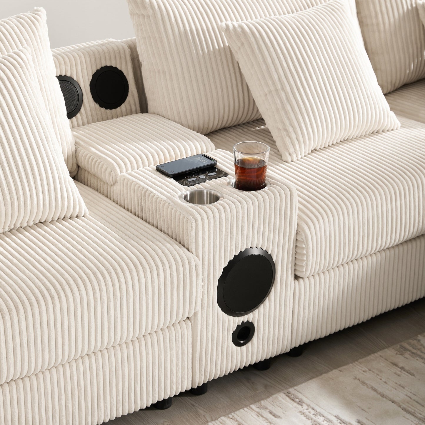 Divano componibile in velluto a coste con altoparlanti Bluetooth, caricabatterie USB, portabicchieri, contenitore, pouf, seduta profonda e ampia