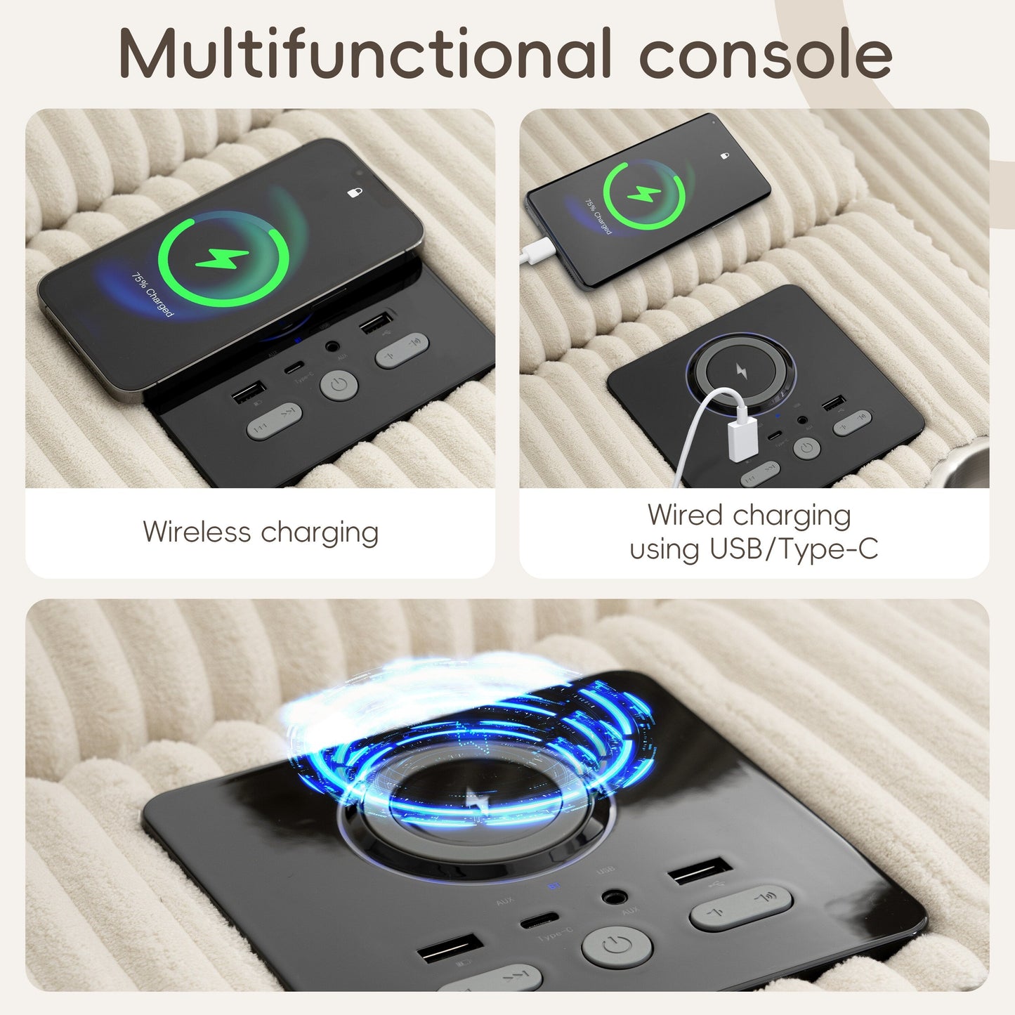 Divano componibile in velluto a coste con altoparlanti Bluetooth, caricabatterie USB, portabicchieri, contenitore, pouf, seduta profonda e ampia