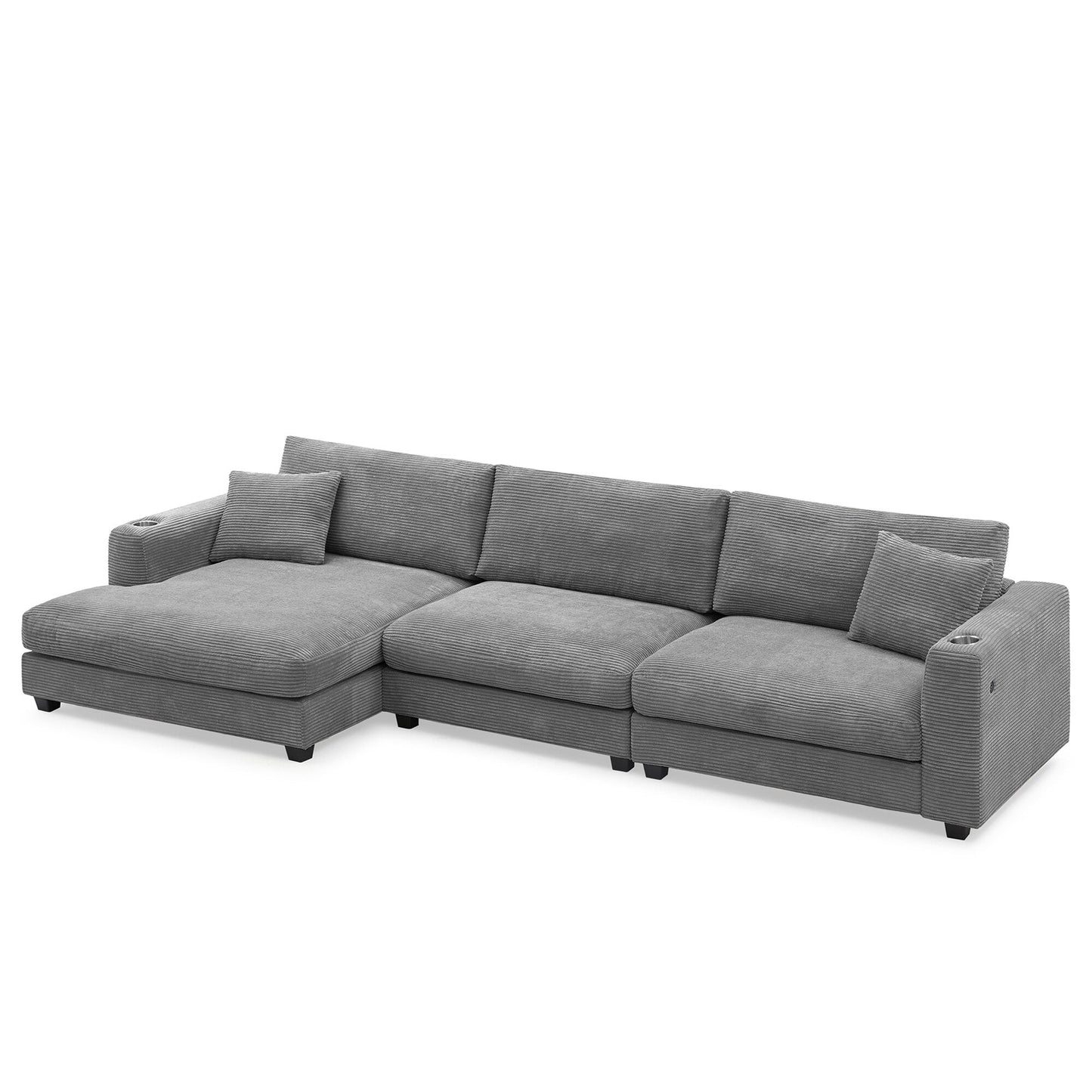 Divano componibile in velluto a coste, divano a forma di L con porta di ricarica USB, portabicchieri, divano letto con seduta profonda e chaise longue da 50 cm