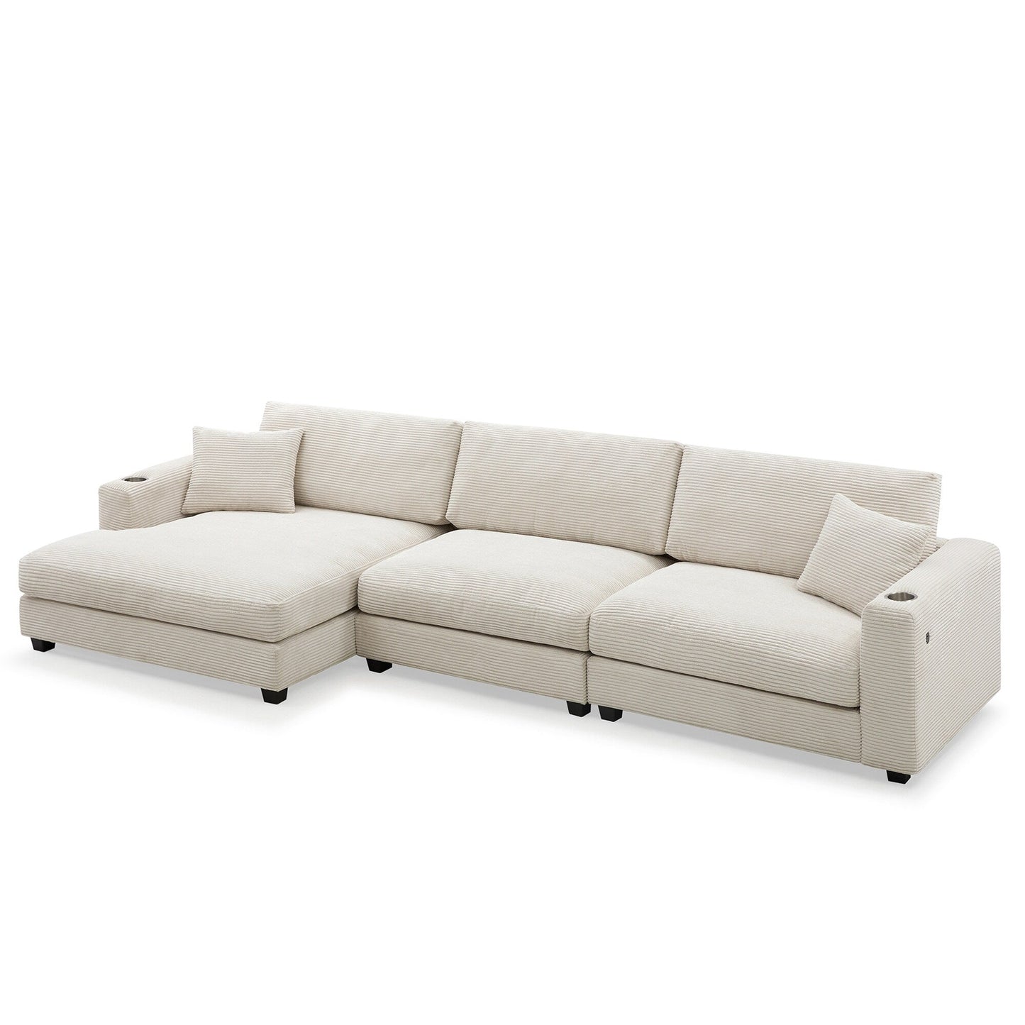 Divano componibile in velluto a coste, divano a forma di L con porta di ricarica USB, portabicchieri, divano letto con seduta profonda e chaise longue da 50 cm