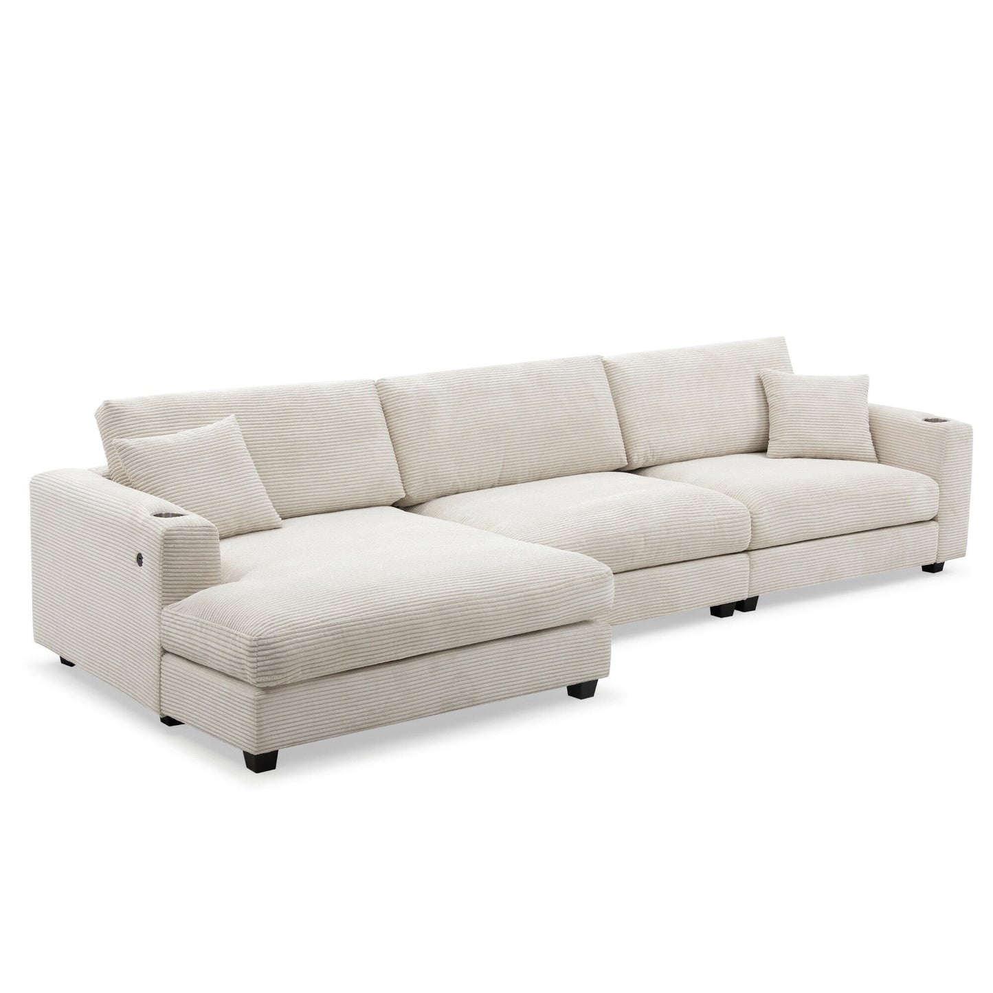 Divano componibile in velluto a coste, divano a forma di L con porta di ricarica USB, portabicchieri, divano letto con seduta profonda e chaise longue da 50 cm