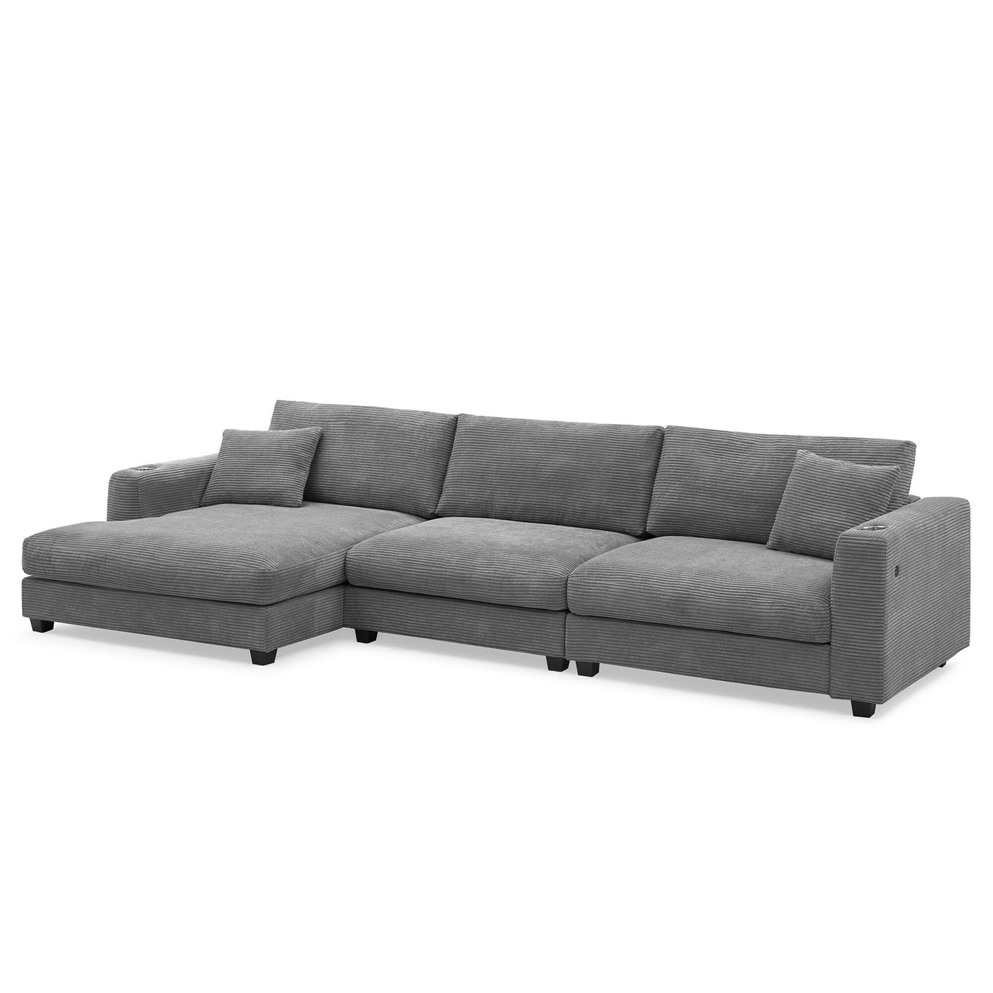Divano componibile in velluto a coste, divano a forma di L con porta di ricarica USB, portabicchieri, divano letto con seduta profonda e chaise longue da 50 cm