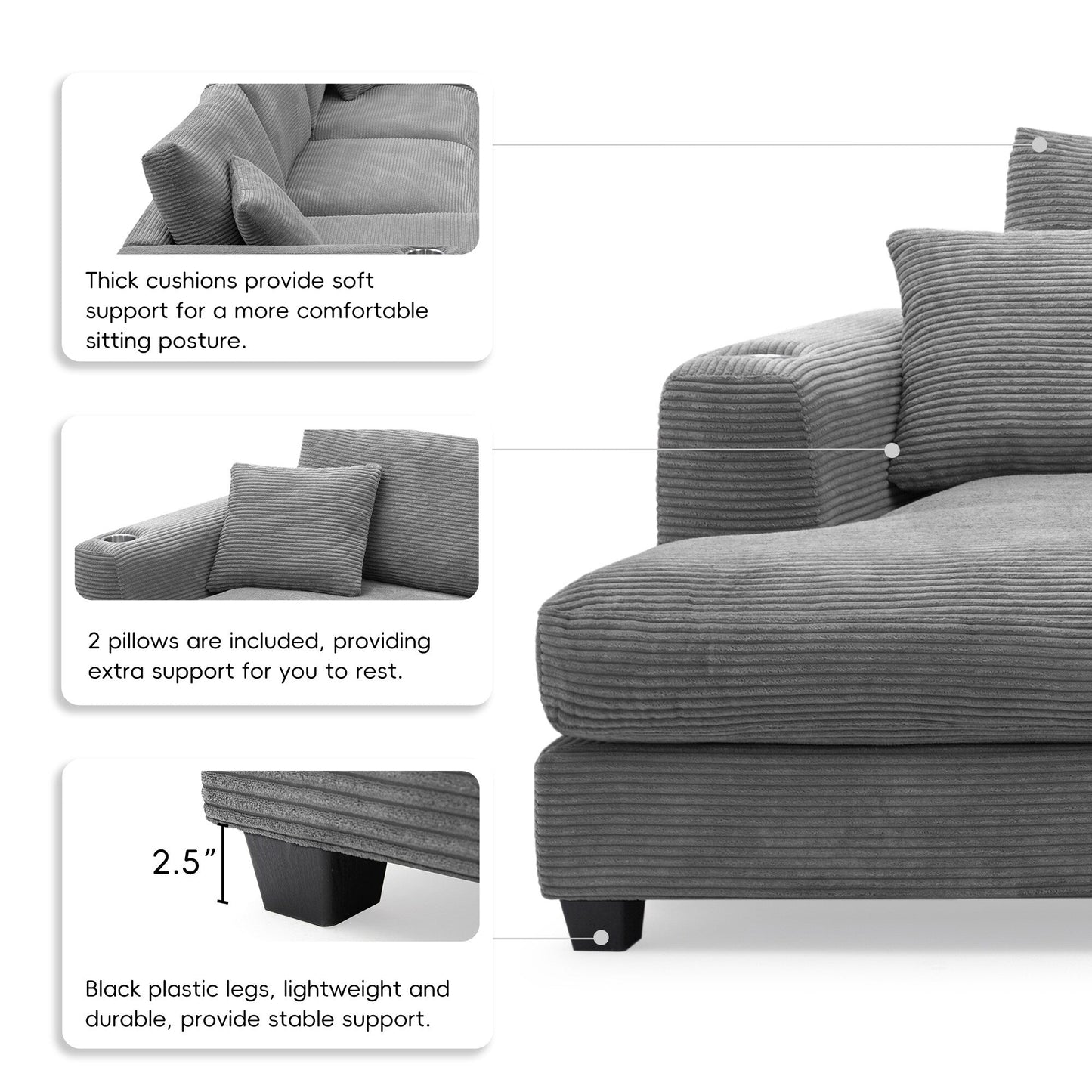Divano componibile in velluto a coste, divano a forma di L con porta di ricarica USB, portabicchieri, divano letto con seduta profonda e chaise longue da 50 cm