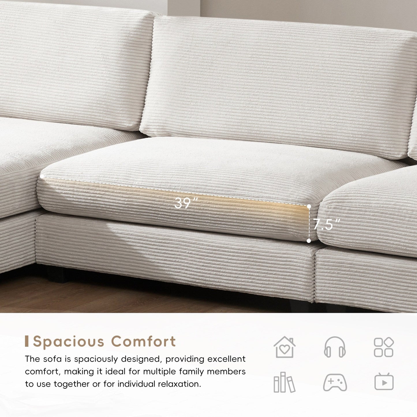 Divano componibile in velluto a coste, divano a forma di L con porta di ricarica USB, portabicchieri, divano letto con seduta profonda e chaise longue da 50 cm