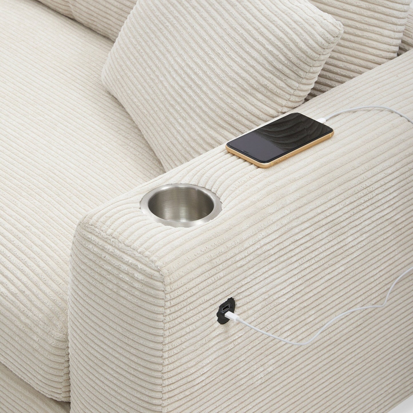 Divano componibile in velluto a coste, divano a forma di L con porta di ricarica USB, portabicchieri, divano letto con seduta profonda e chaise longue da 50 cm