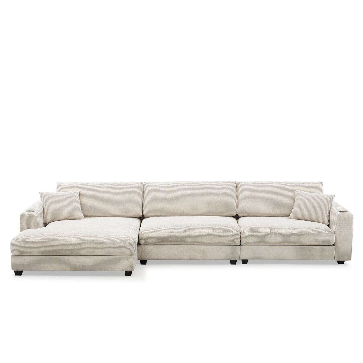Divano componibile in velluto a coste, divano a forma di L con porta di ricarica USB, portabicchieri, divano letto con seduta profonda e chaise longue da 50 cm