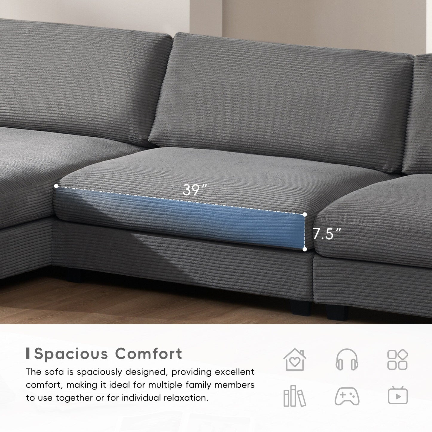 Divano componibile in velluto a coste, divano a forma di L con porta di ricarica USB, portabicchieri, divano letto con seduta profonda e chaise longue da 50 cm