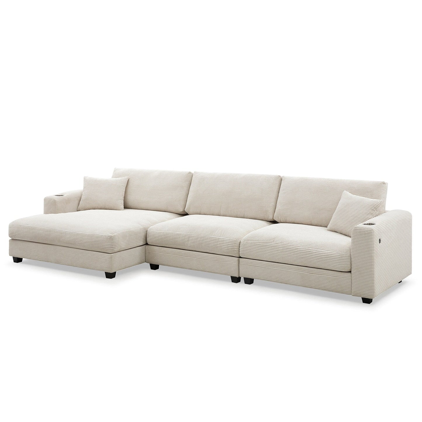 Divano componibile in velluto a coste, divano a forma di L con porta di ricarica USB, portabicchieri, divano letto con seduta profonda e chaise longue da 50 cm