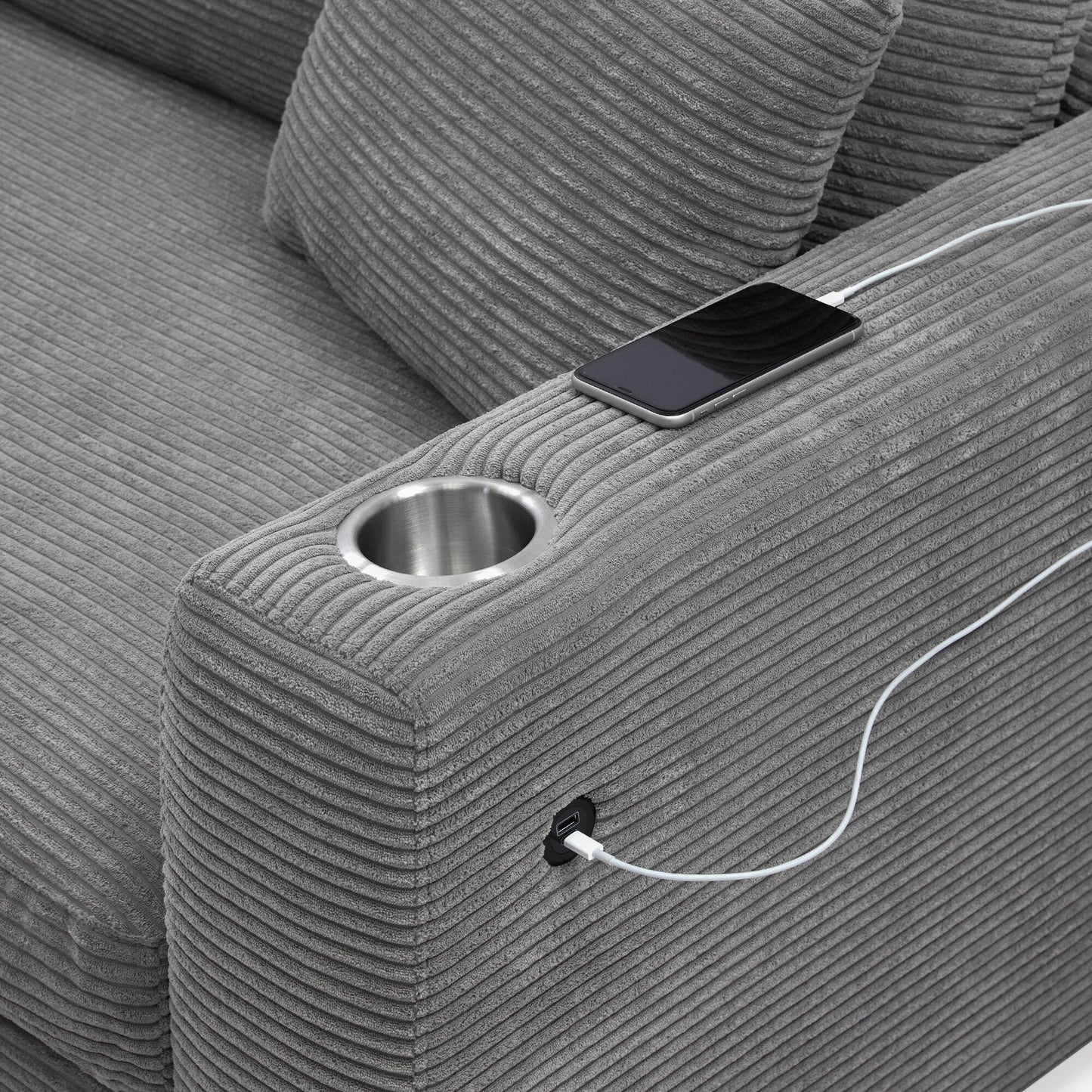 Divano componibile in velluto a coste, divano a forma di L con porta di ricarica USB, portabicchieri, divano letto con seduta profonda e chaise longue da 50 cm