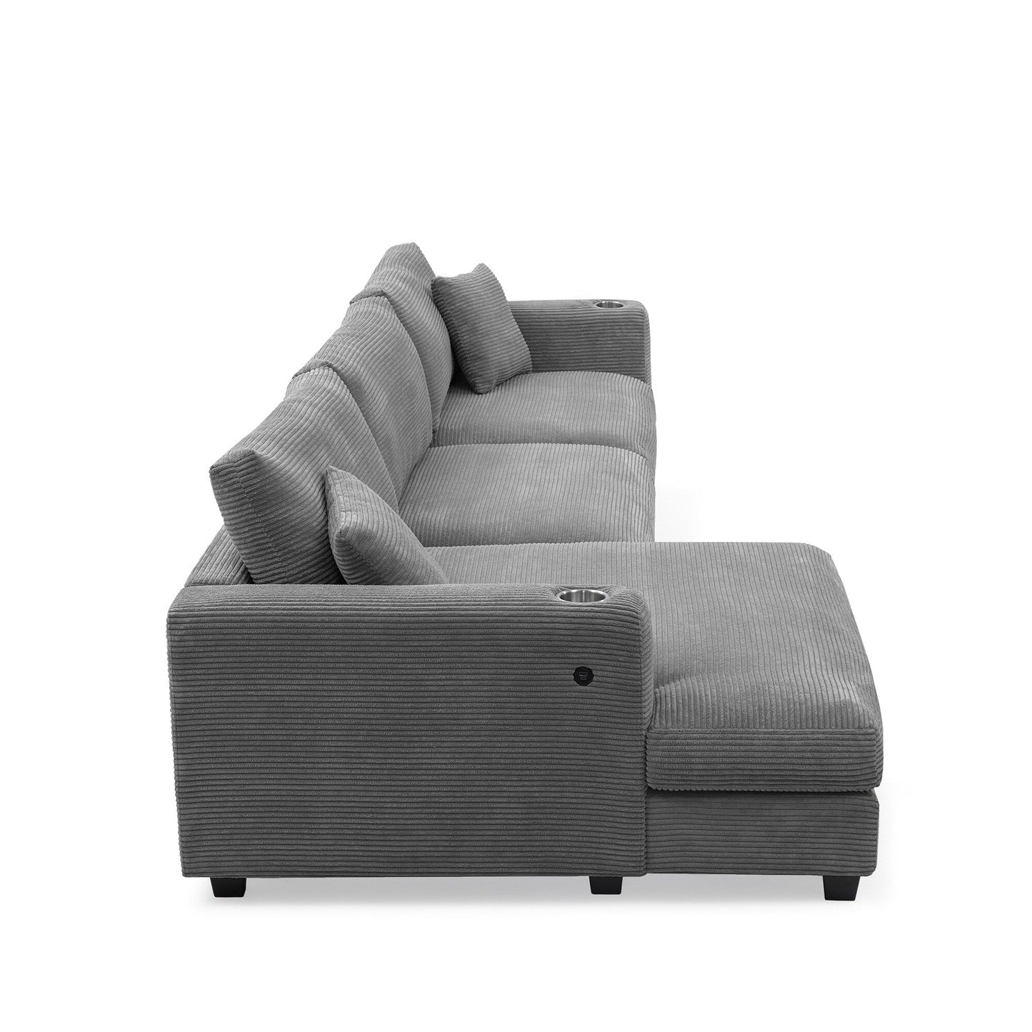 Divano componibile in velluto a coste, divano a forma di L con porta di ricarica USB, portabicchieri, divano letto con seduta profonda e chaise longue da 50 cm