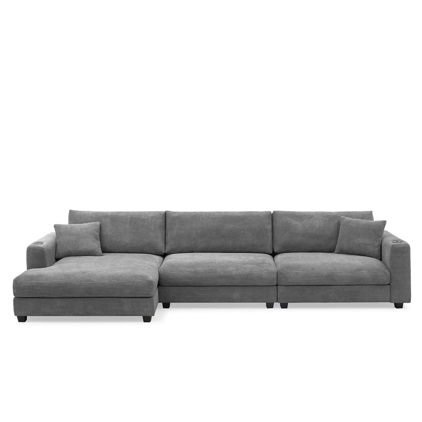 Divano componibile in velluto a coste, divano a forma di L con porta di ricarica USB, portabicchieri, divano letto con seduta profonda e chaise longue da 50 cm