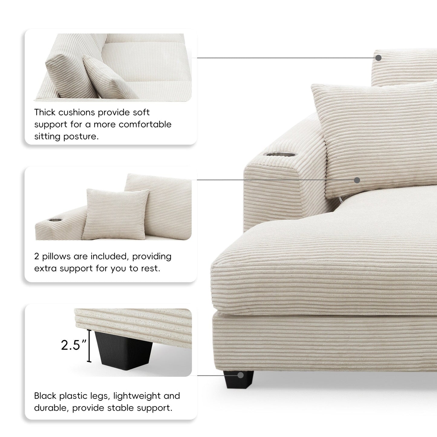 Divano componibile in velluto a coste, divano a forma di L con porta di ricarica USB, portabicchieri, divano letto con seduta profonda e chaise longue da 50 cm