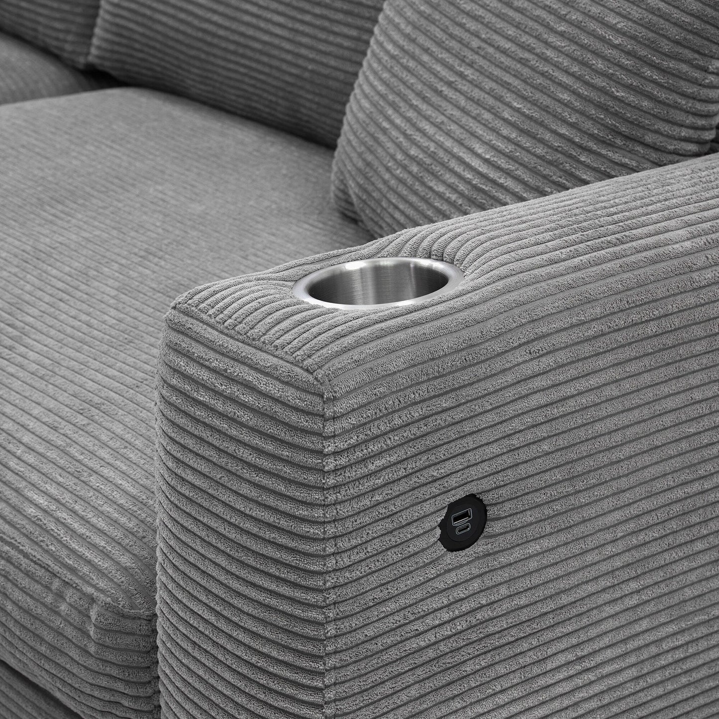 Divano componibile in velluto a coste, divano a forma di L con porta di ricarica USB, portabicchieri, divano letto con seduta profonda e chaise longue da 50 cm