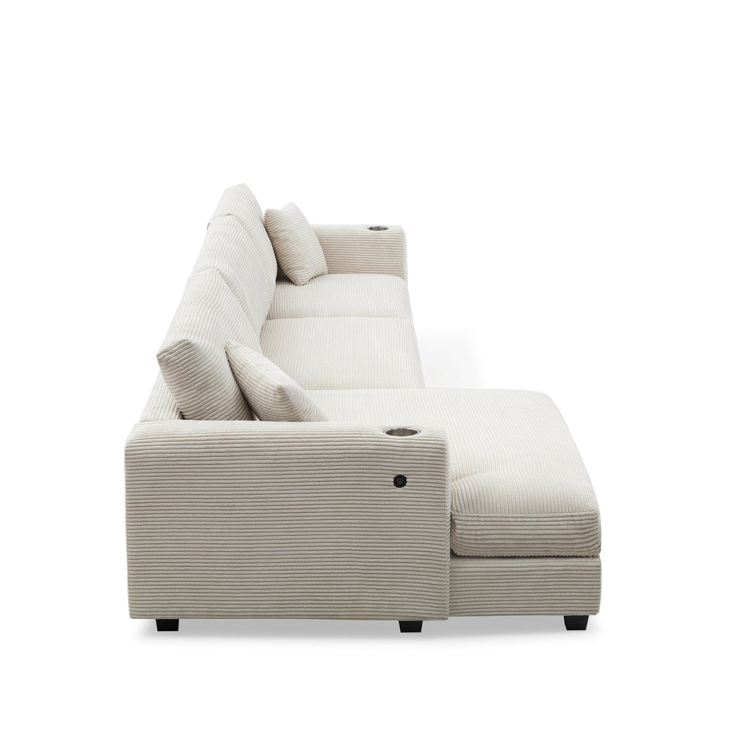 Divano componibile in velluto a coste, divano a forma di L con porta di ricarica USB, portabicchieri, divano letto con seduta profonda e chaise longue da 50 cm