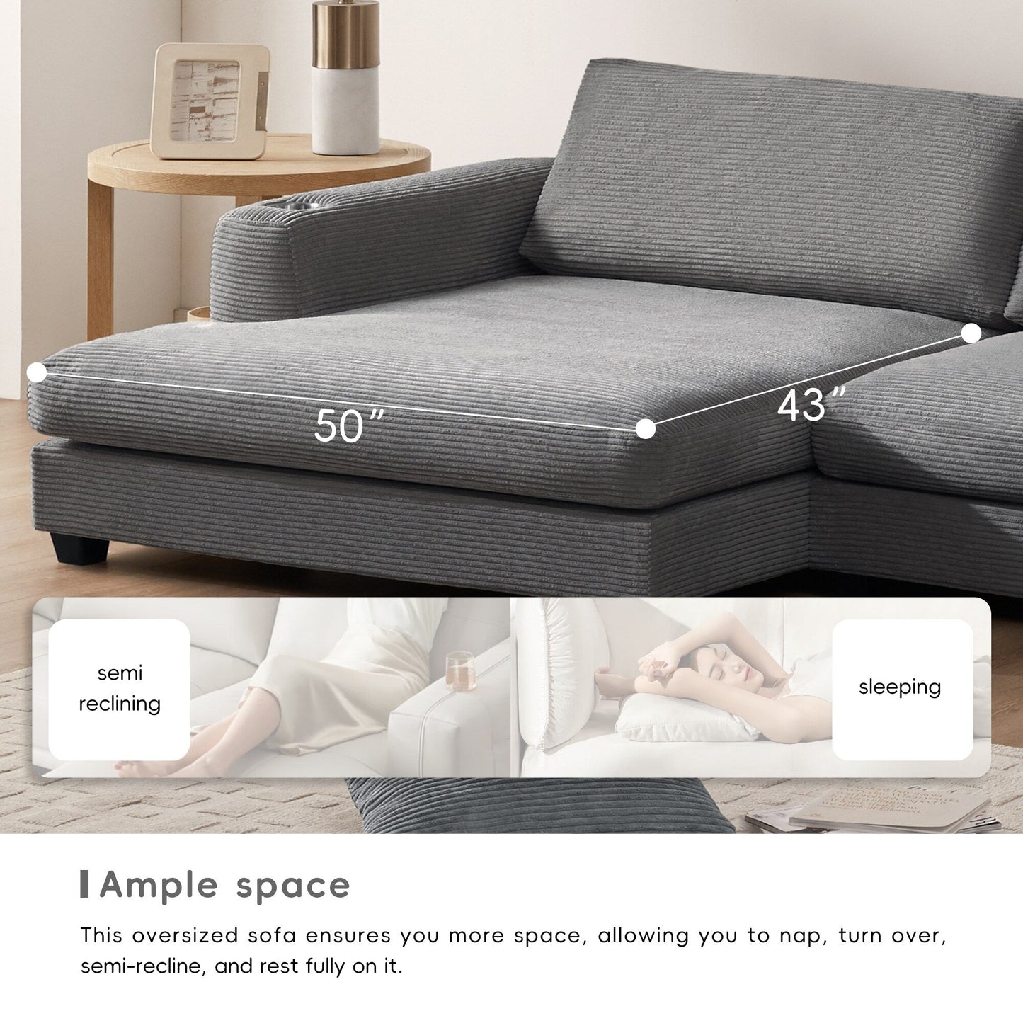 Divano componibile in velluto a coste, divano a forma di L con porta di ricarica USB, portabicchieri, divano letto con seduta profonda e chaise longue da 50 cm