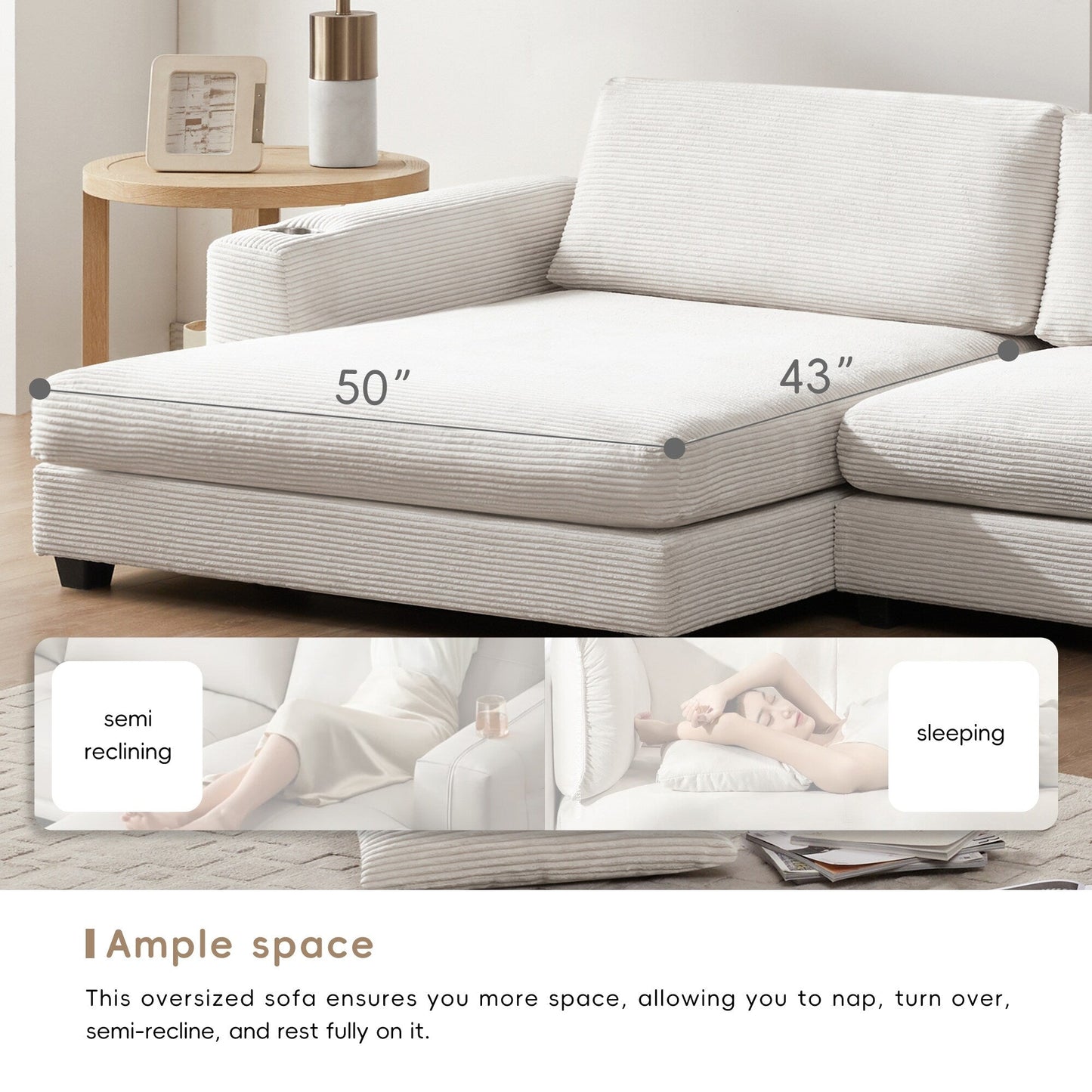 Divano componibile in velluto a coste, divano a forma di L con porta di ricarica USB, portabicchieri, divano letto con seduta profonda e chaise longue da 50 cm