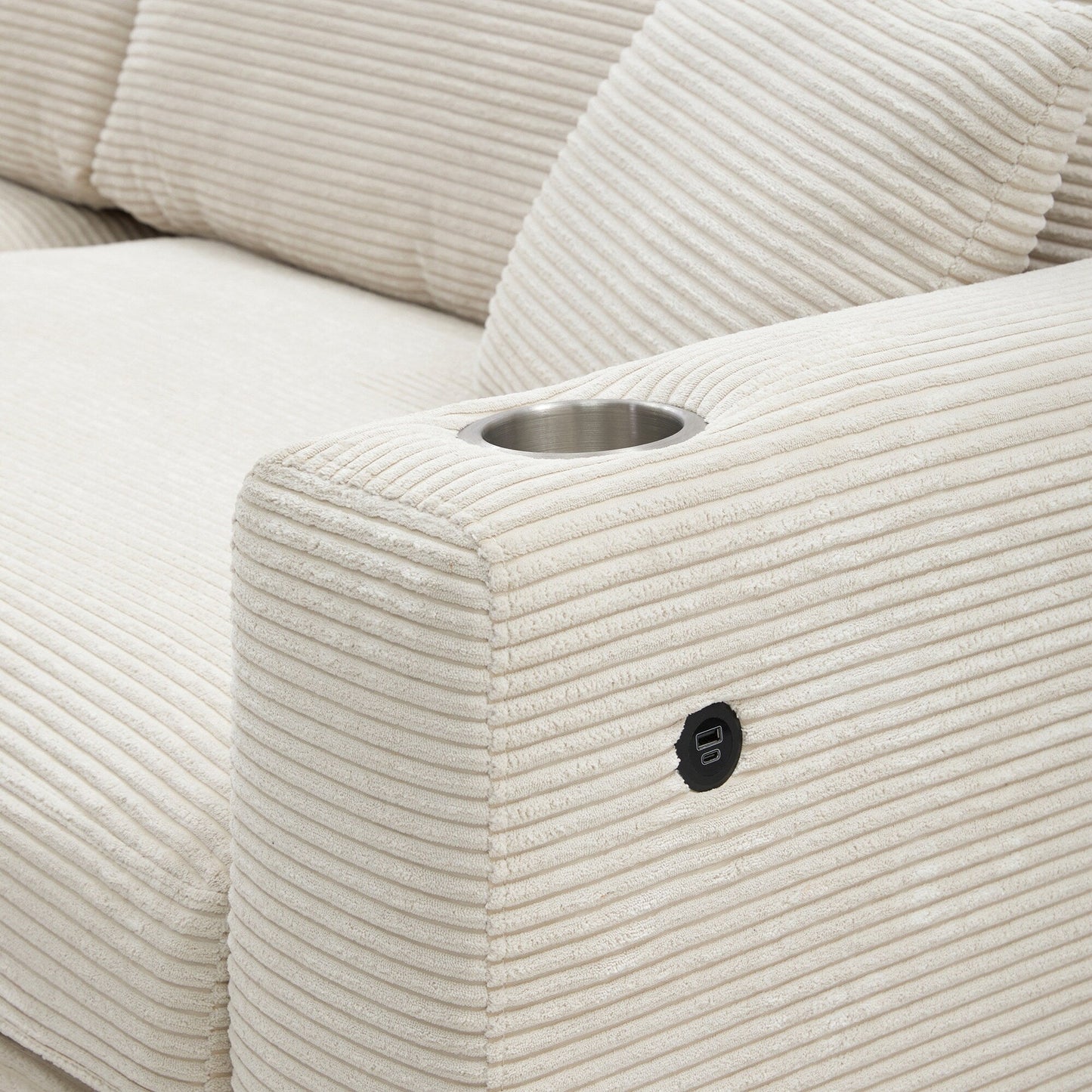 Divano componibile in velluto a coste, divano a forma di L con porta di ricarica USB, portabicchieri, divano letto con seduta profonda e chaise longue da 50 cm