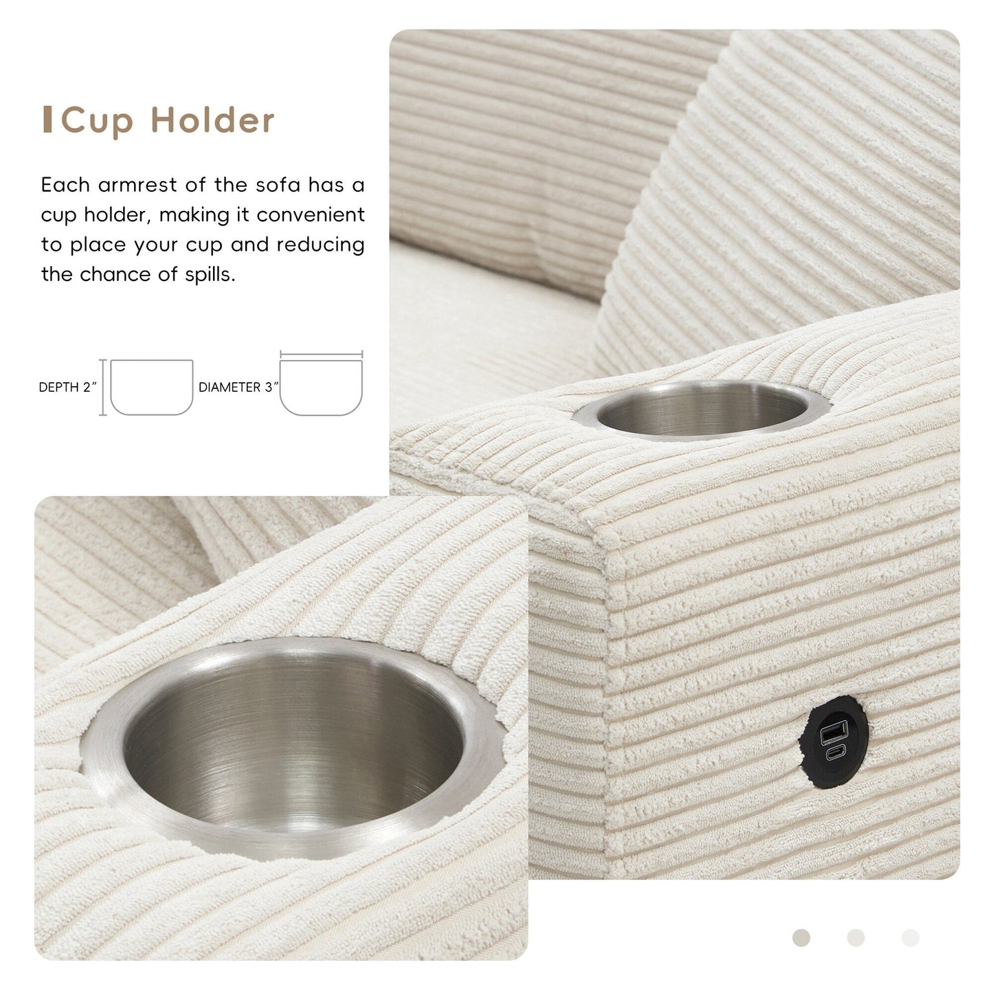 Divano componibile in velluto a coste, divano a forma di L con porta di ricarica USB, portabicchieri, divano letto con seduta profonda e chaise longue da 50 cm