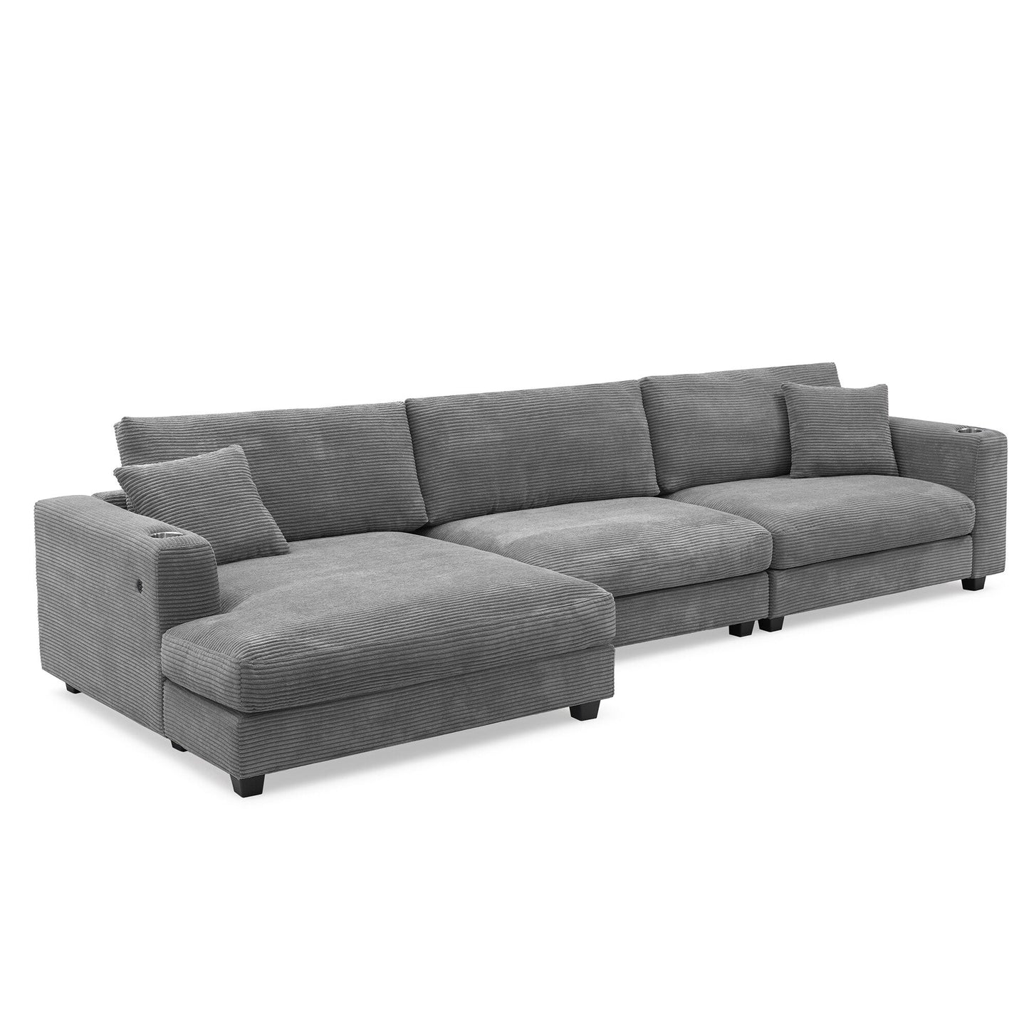 Divano componibile in velluto a coste, divano a forma di L con porta di ricarica USB, portabicchieri, divano letto con seduta profonda e chaise longue da 50 cm