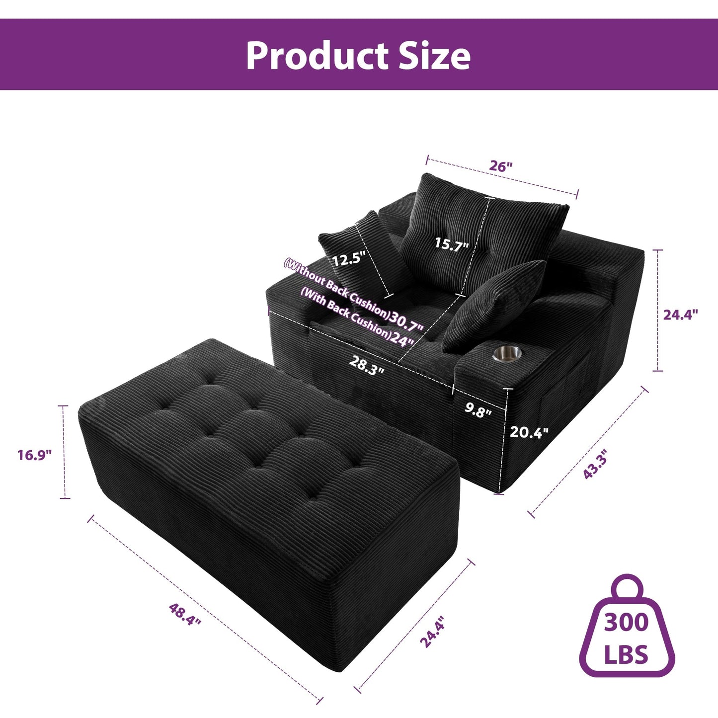 Divano imbottito in memory foam con pouf imbottito in velluto a coste - 48,4Lx67,7Wx24,4H