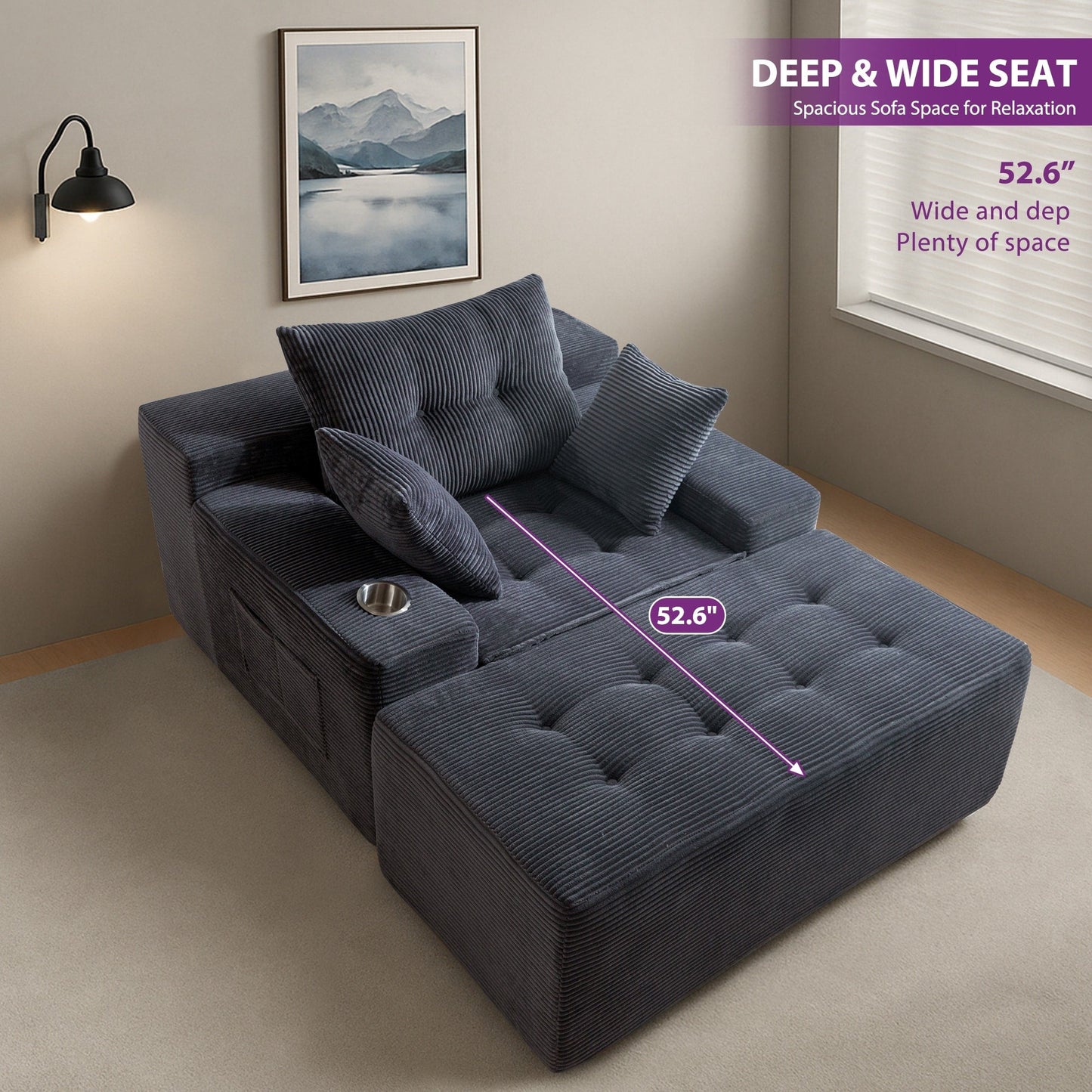 Divano imbottito in memory foam con pouf imbottito in velluto a coste - 48,4Lx67,7Wx24,4H