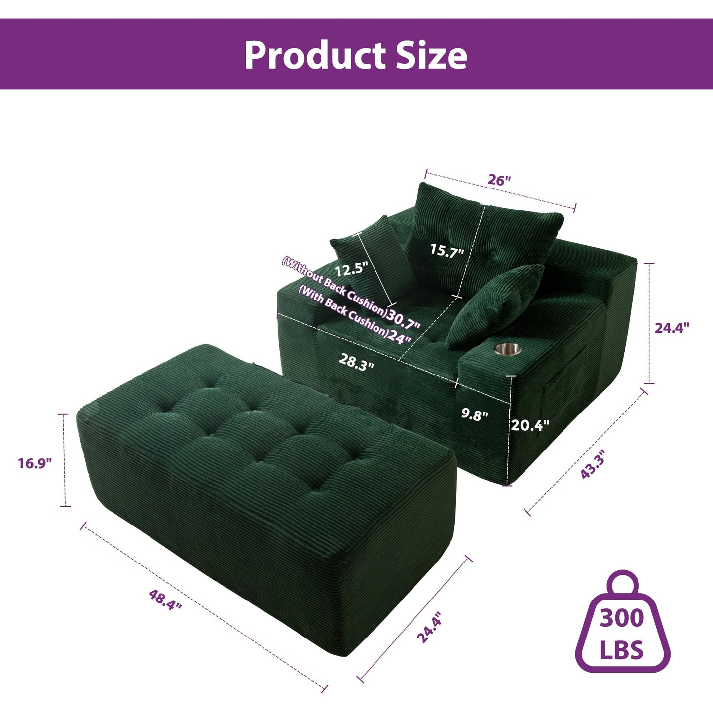 Divano imbottito in memory foam con pouf imbottito in velluto a coste - 48,4Lx67,7Wx24,4H