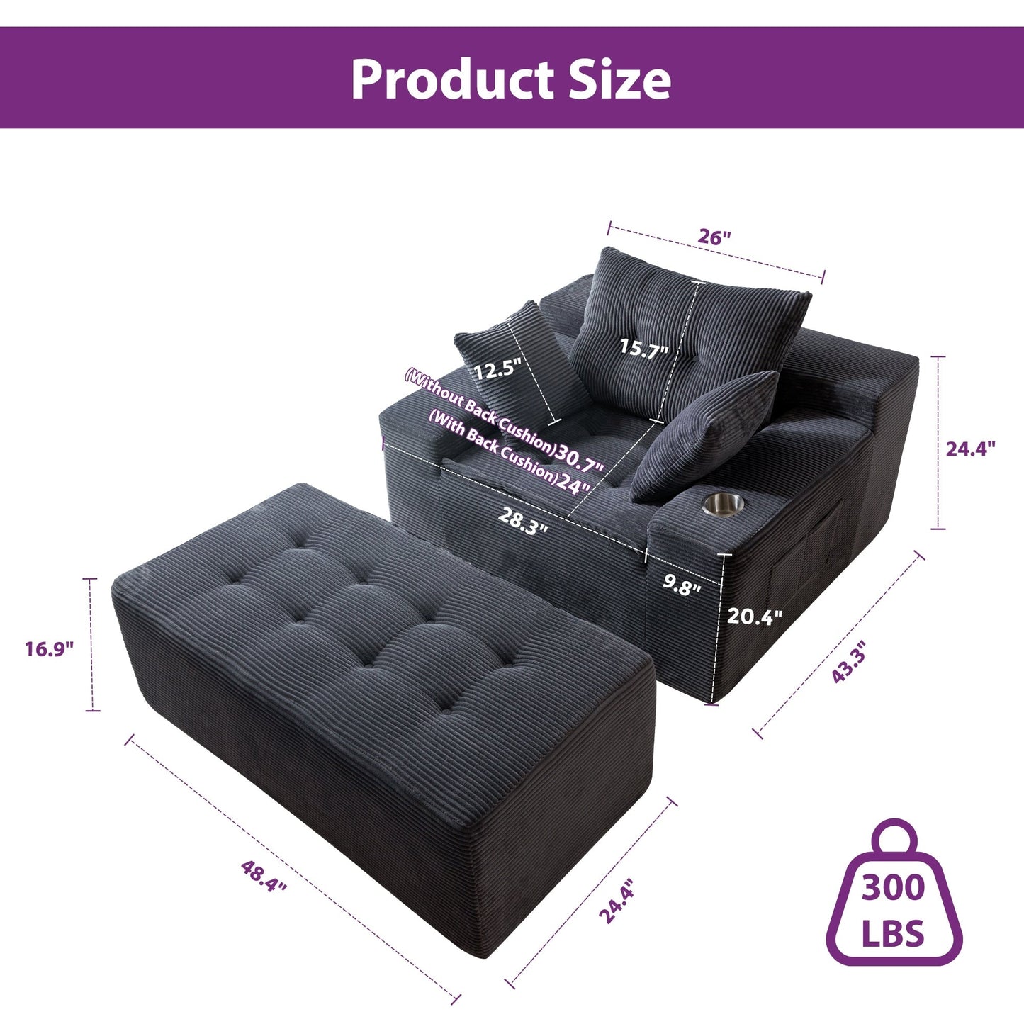 Divano imbottito in memory foam con pouf imbottito in velluto a coste - 48,4Lx67,7Wx24,4H