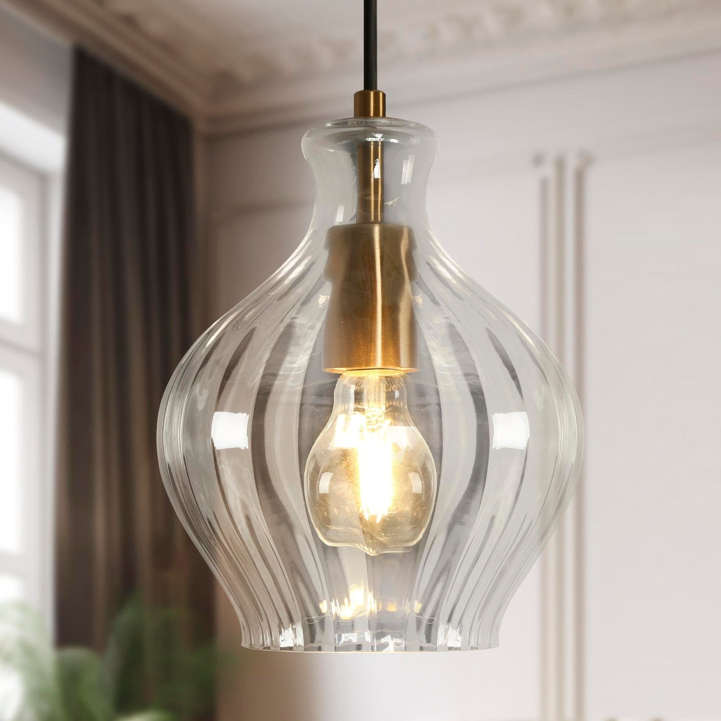 Lampada a sospensione moderna in ottone Coria Mid-Century, 1 luce, elegante, dimmerabile, per isola cucina, vetro scanalato, sala da pranzo