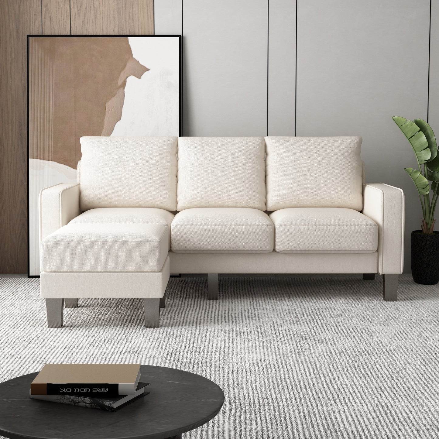 Divano imbottito a 3 posti con pouf, fodera per cuscino rimovibile e piccolo spazio di archiviazione