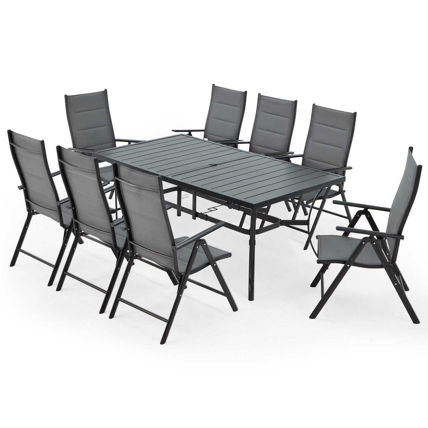 Set da pranzo versatili per esterni con sedie girevoli/pieghevoli e tavolo con doghe in acciaio e set da pranzo in HDPE per giardini e patii