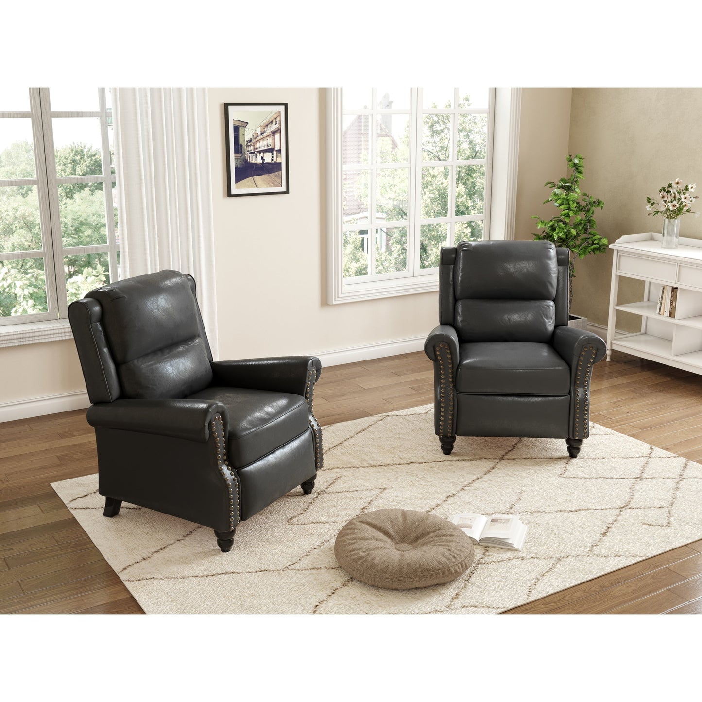 Set da 2 poltrone reclinabili manuali con schienale e finiture a borchie