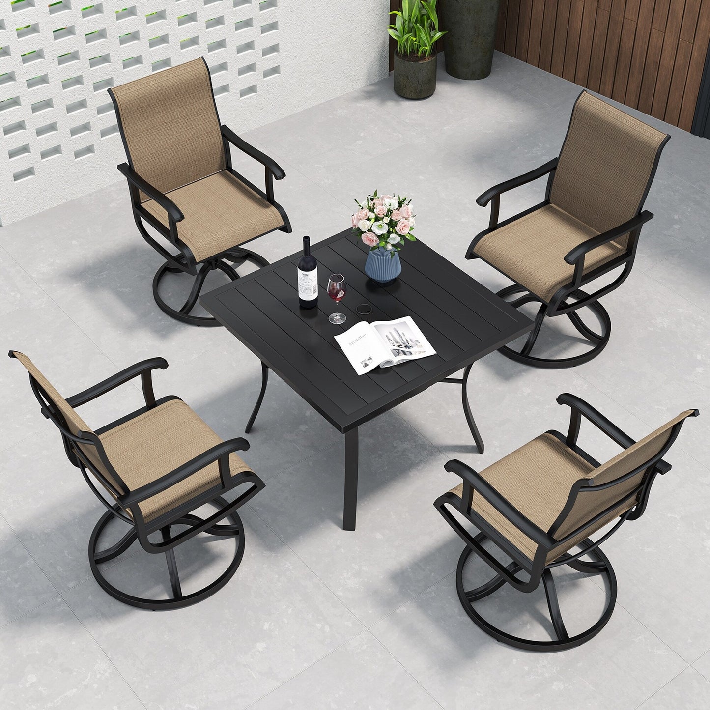 Set da pranzo per esterni 5/7/9 pezzi con sedie girevoli in textilene da 28 W, tavolo