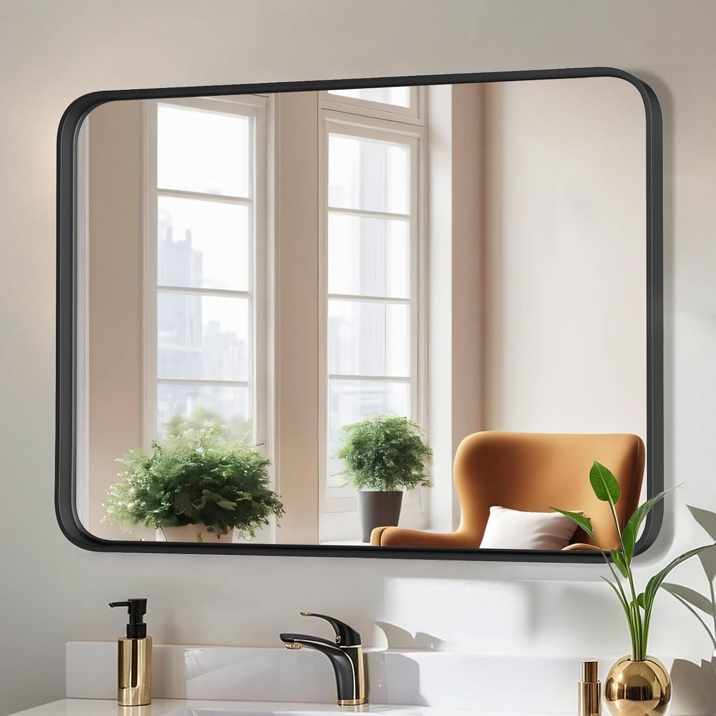 Specchi da bagno rettangolari arrotondati con cornice in lega di alluminio nero, da appendere sopra il lavandino, orizzontalmente o verticalmente.