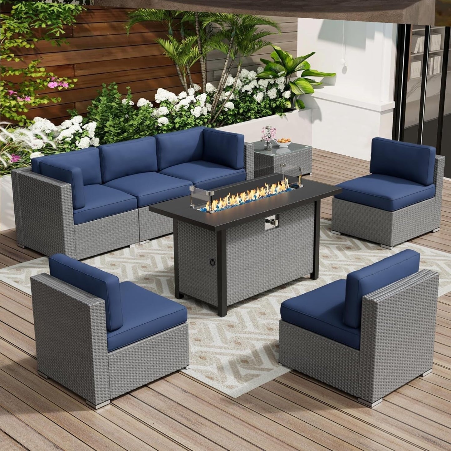 Set da conversazione con divano componibile imbottito in vimini e rattan grigio da esterno, 7 pezzi