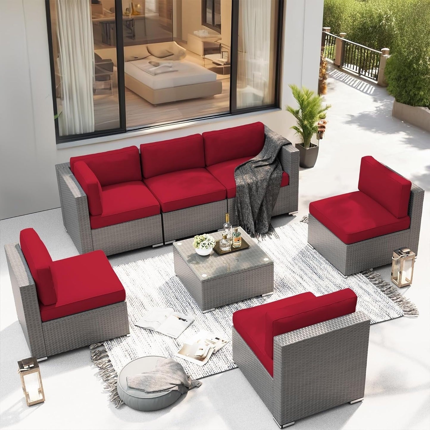 Set da conversazione con divano componibile imbottito in vimini e rattan grigio da esterno, 7 pezzi