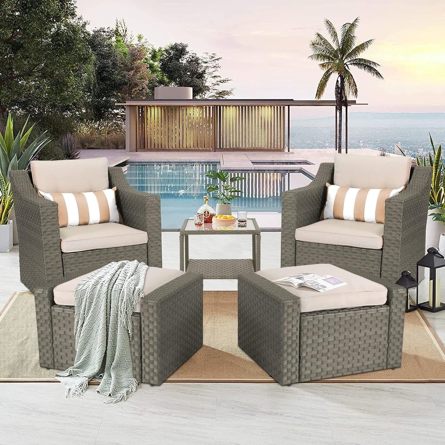 Set da conversazione con poltrona e pouf in vimini per patio da esterno, 5 pezzi