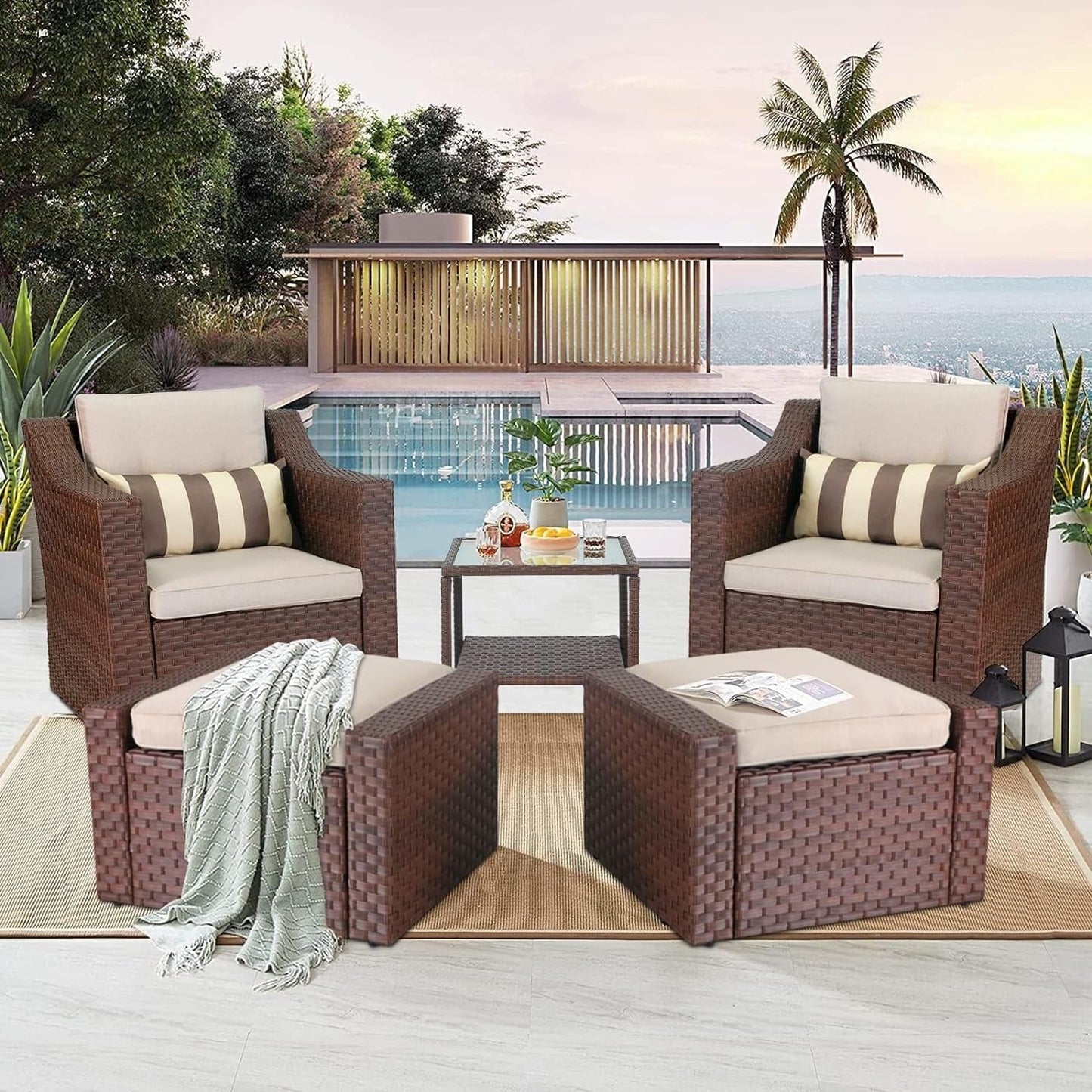 Set da conversazione con poltrona e pouf in vimini per patio da esterno, 5 pezzi