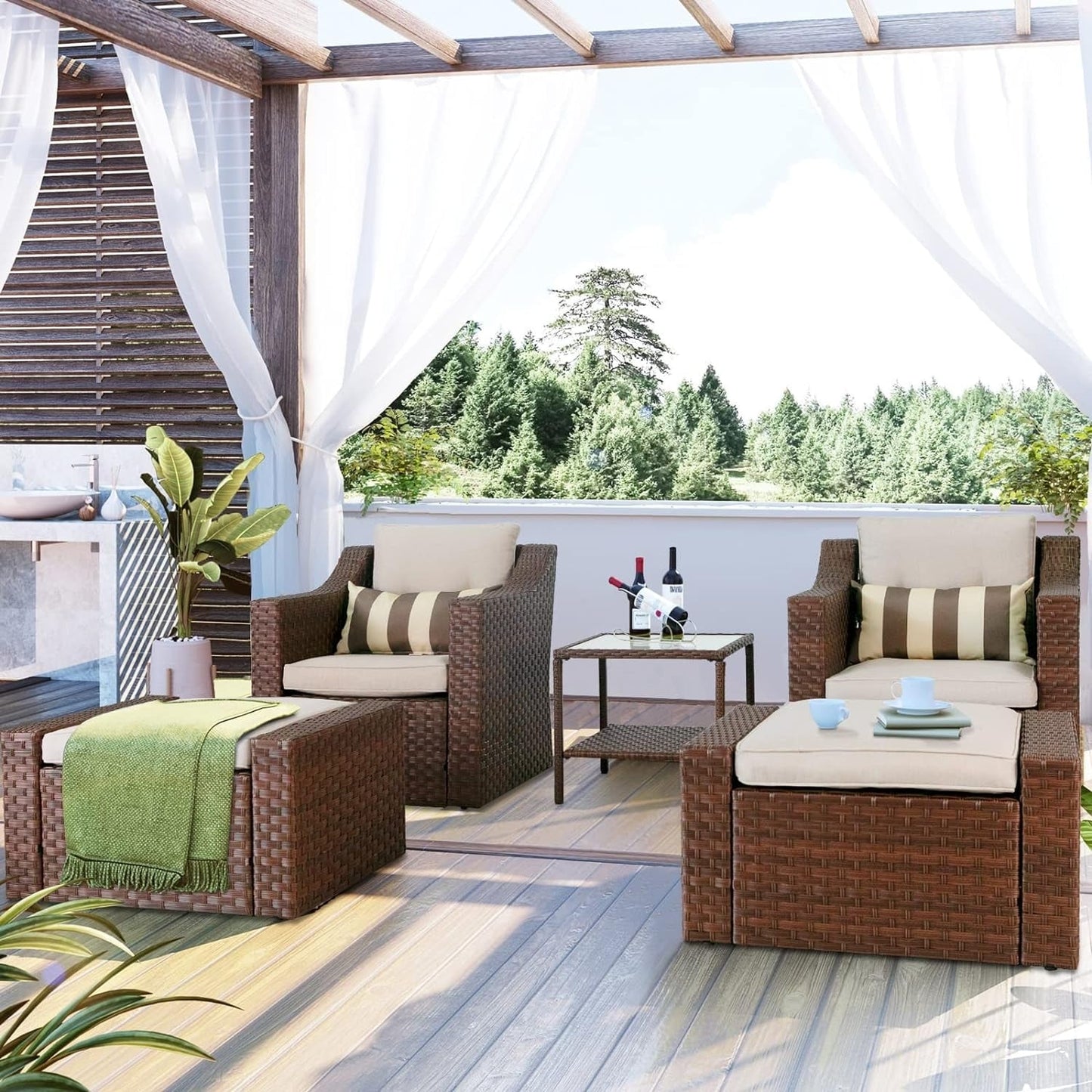 Set da conversazione con poltrona e pouf in vimini per patio da esterno, 5 pezzi