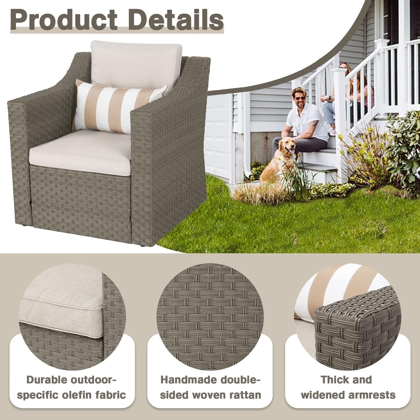 Set da conversazione con poltrona e pouf in vimini per patio da esterno, 5 pezzi