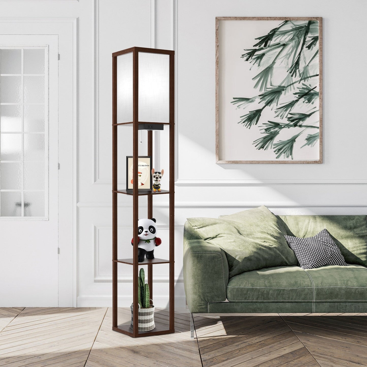 Lampada da terra 63 con ripiani - Lampada da soggiorno con ripiani in legno