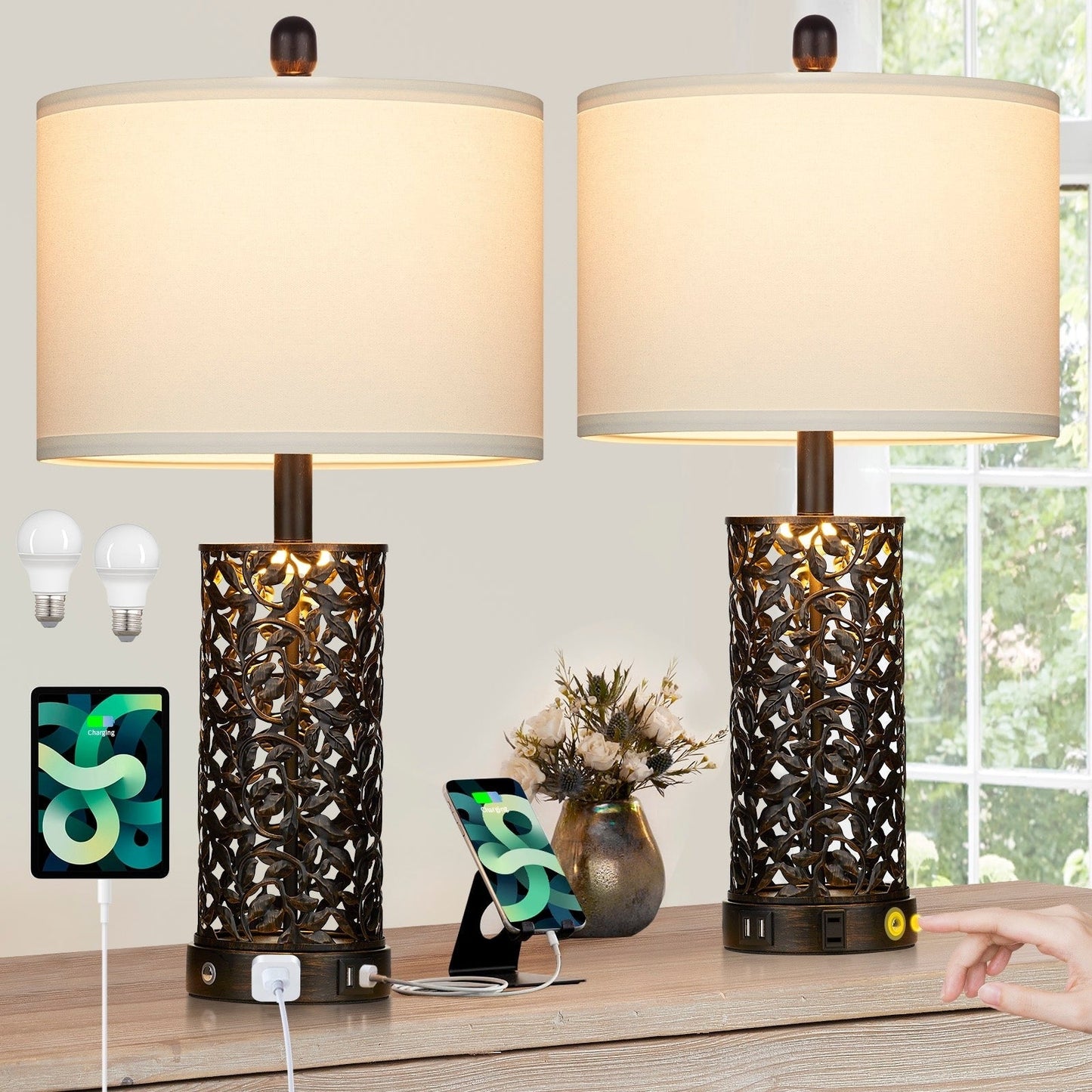 Lampada da tavolo in metallo nero con luce notturna, 2 porte USB in 1, presa CA, interruttore touch (set da 2)