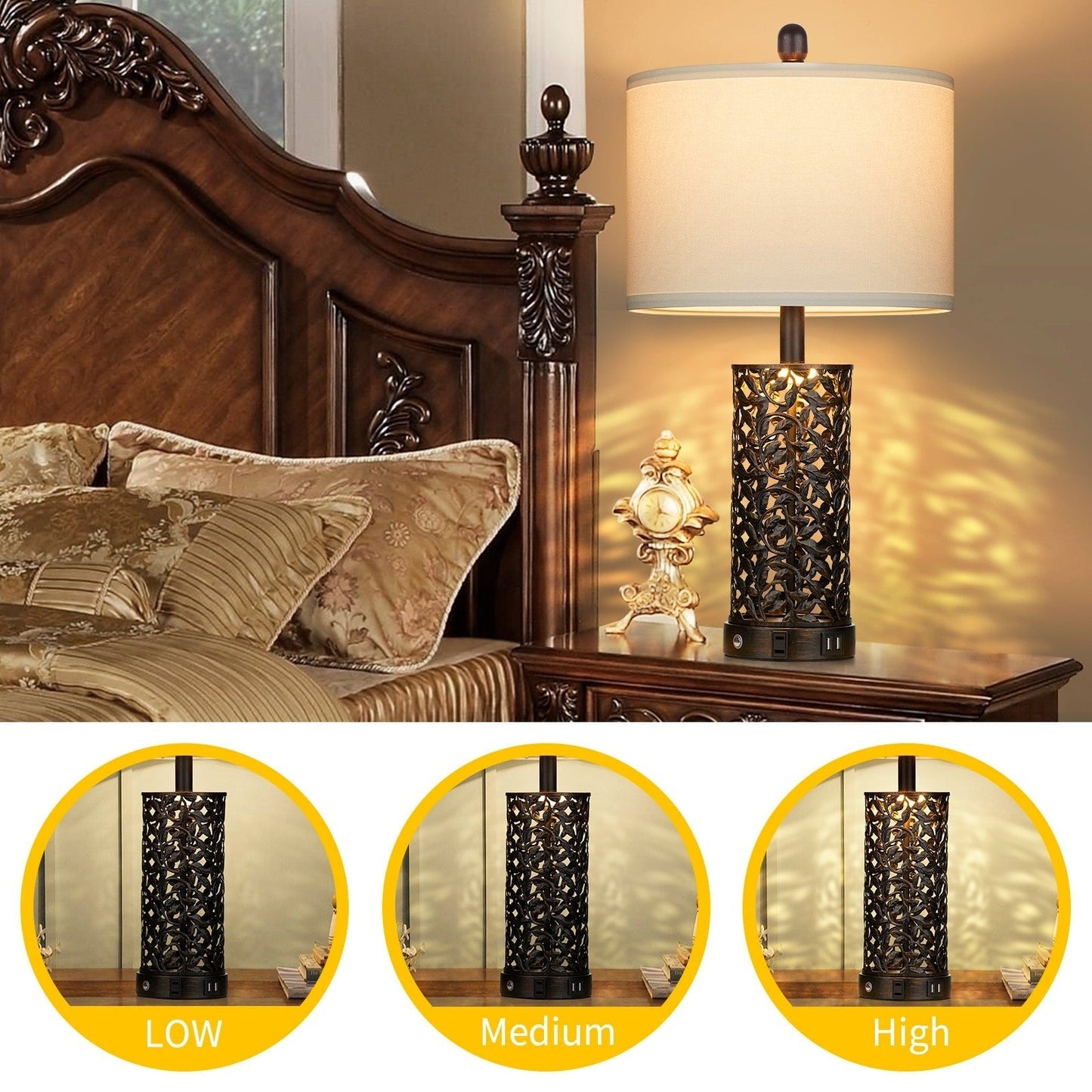 Lampada da tavolo in metallo nero con luce notturna, 2 porte USB in 1, presa CA, interruttore touch (set da 2)