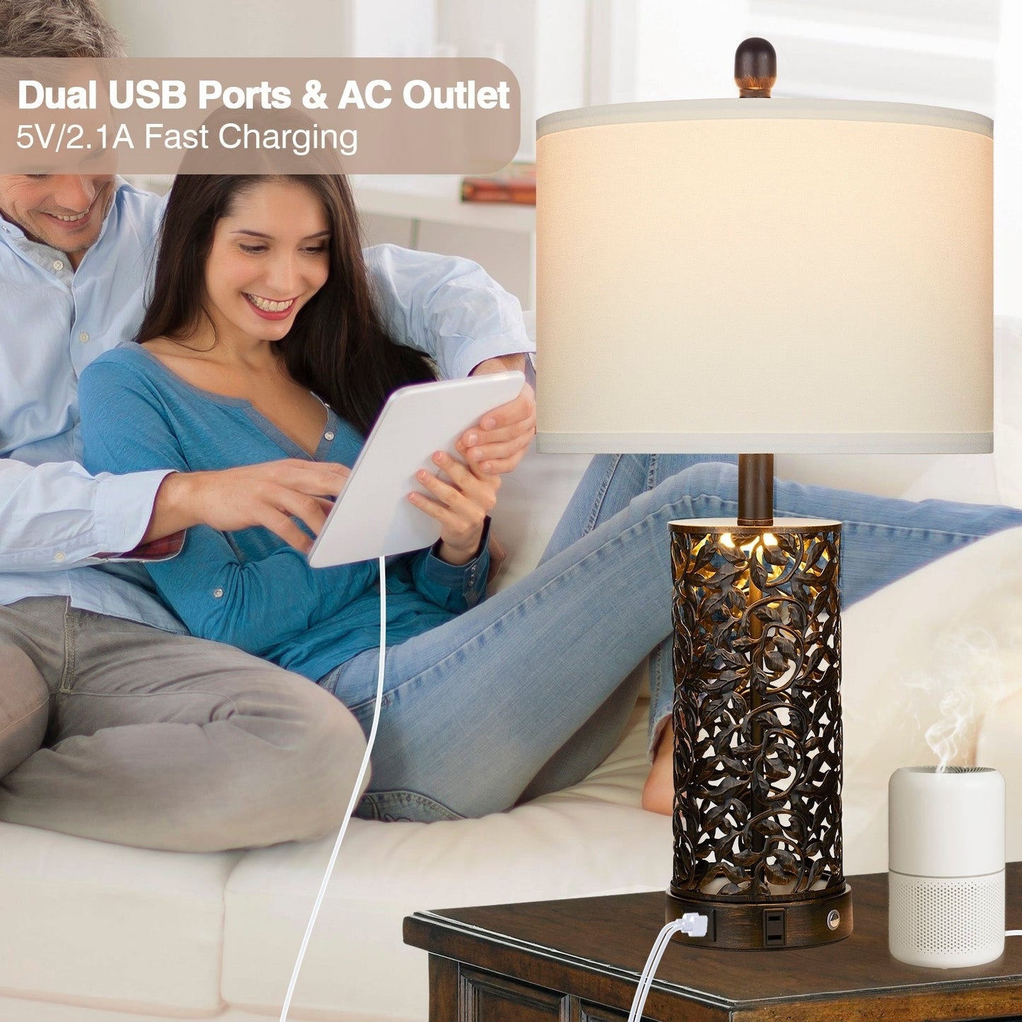 Lampada da tavolo in metallo nero con luce notturna, 2 porte USB in 1, presa CA, interruttore touch (set da 2)