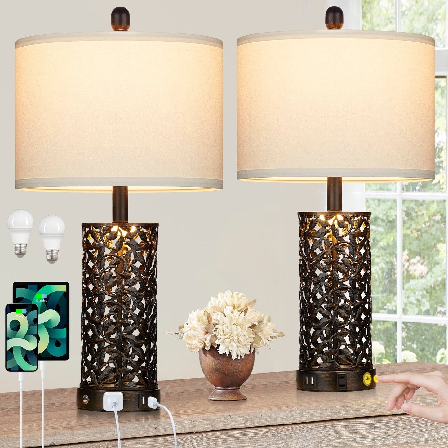 Lampada da tavolo in metallo nero con luce notturna, 2 porte USB in 1, presa CA, interruttore touch (set da 2)