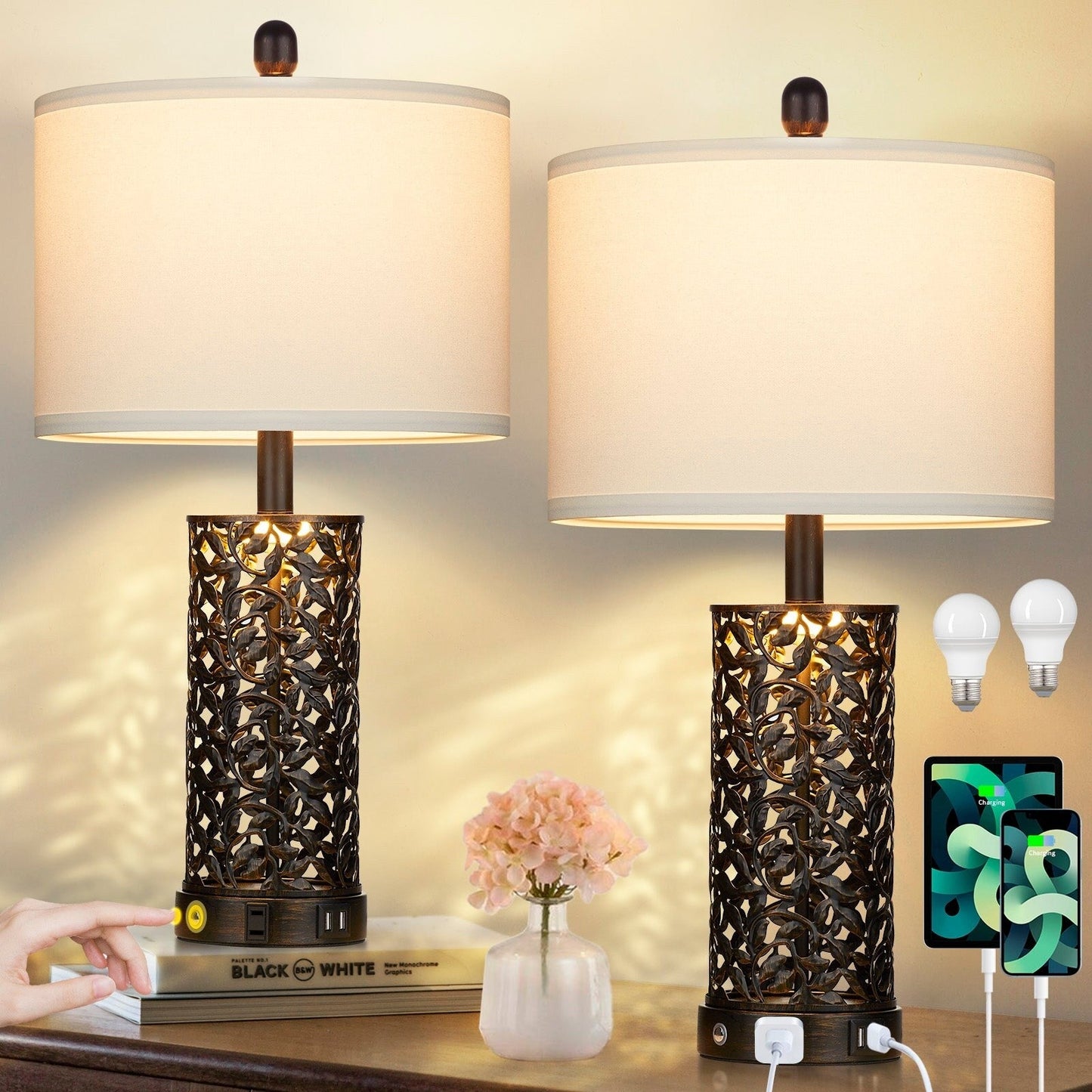 Lampada da tavolo in metallo nero con luce notturna, 2 porte USB in 1, presa CA, interruttore touch (set da 2)