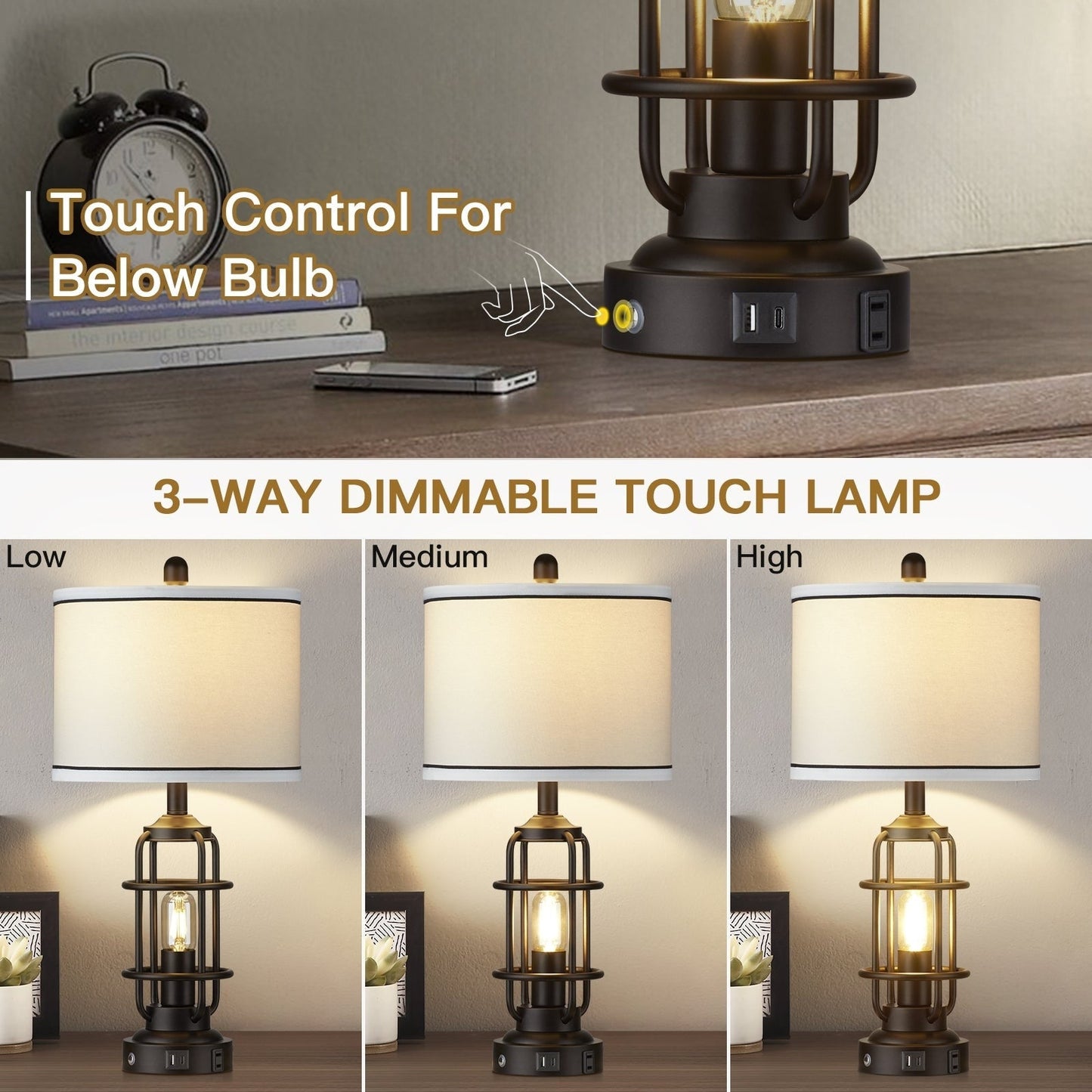Lampada da tavolo in metallo nero, luce notturna 2 in 1, paralume a tamburo smontabile, interruttore rotante indipendente e interruttore dimmer touch (set di 2)