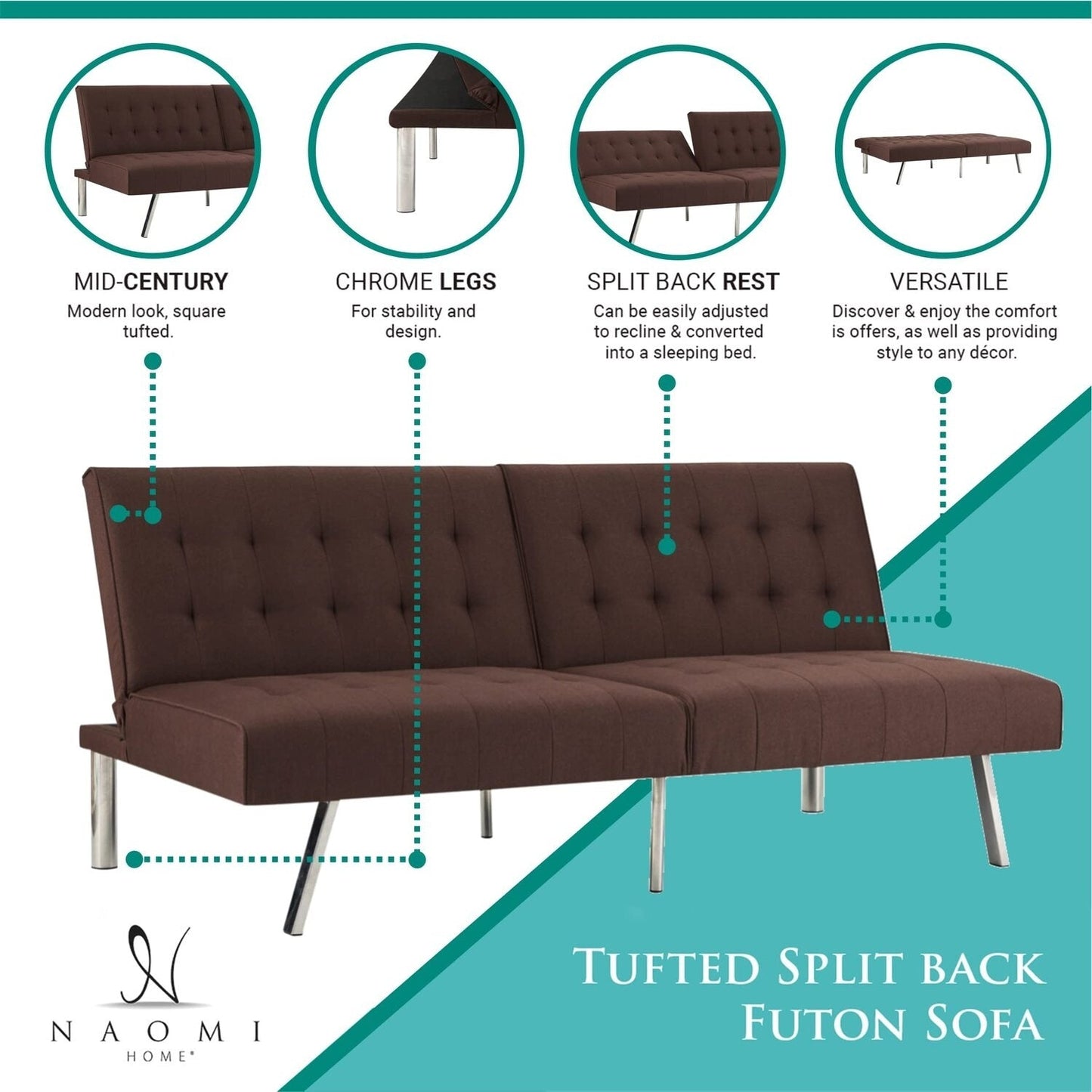 Divano letto futon imbottito in stile moderno di metà secolo con schienale diviso e gambe cromate