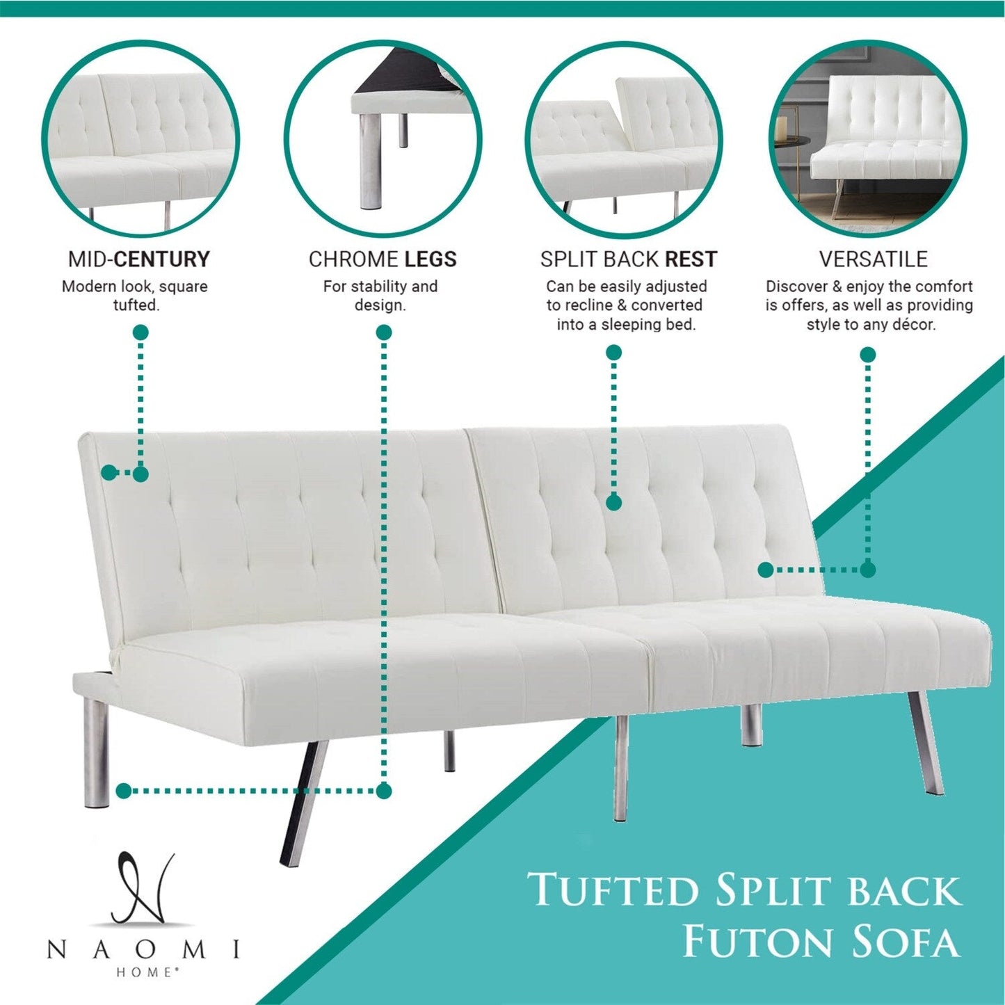 Divano letto futon imbottito in stile moderno di metà secolo con schienale diviso e gambe cromate